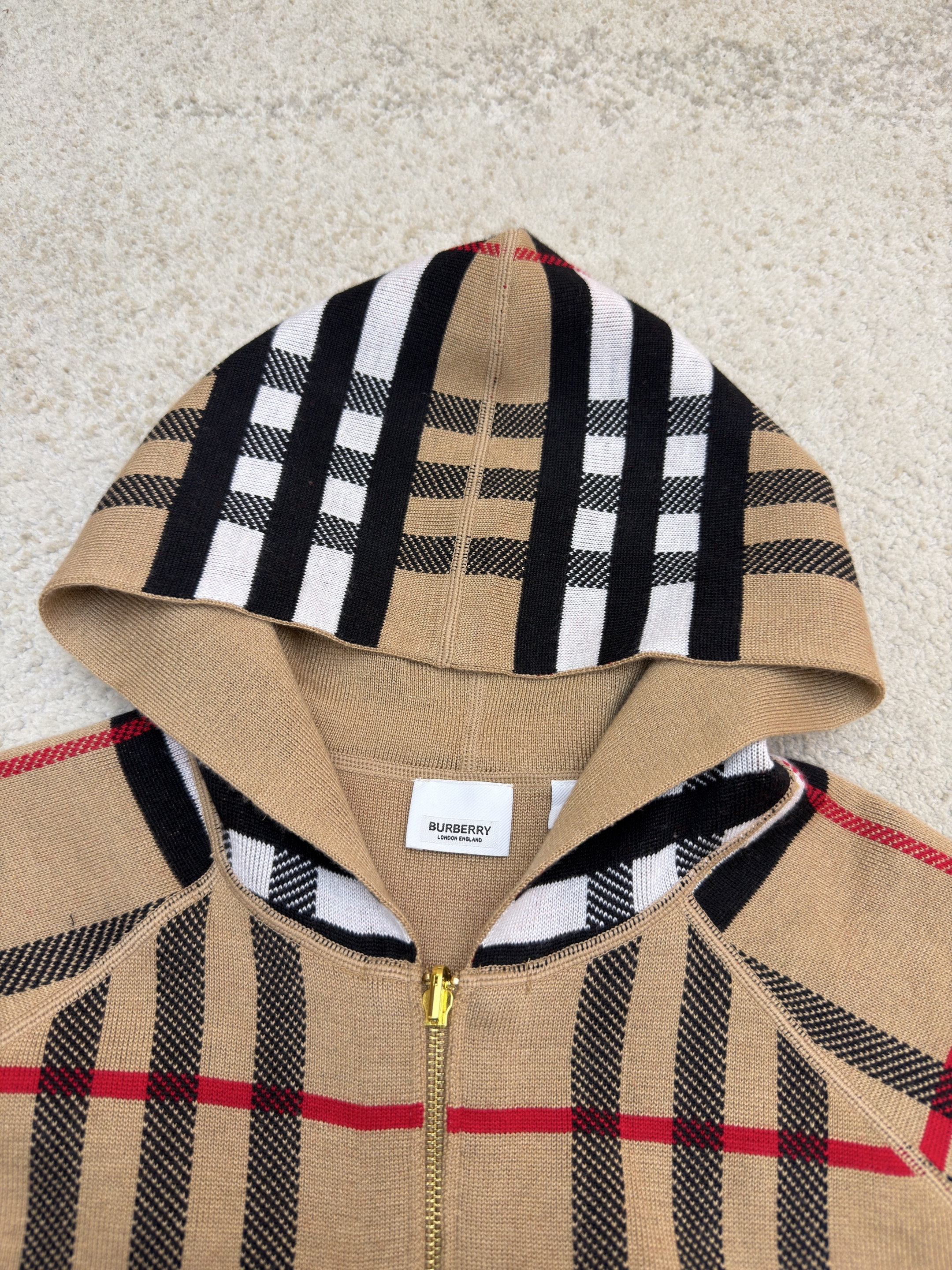Burberry 巴宝莉 战马双面两穿羊绒格纹针织拉链连帽外套 夹克 针织衫 长袖 秋冬 卡其色 C0