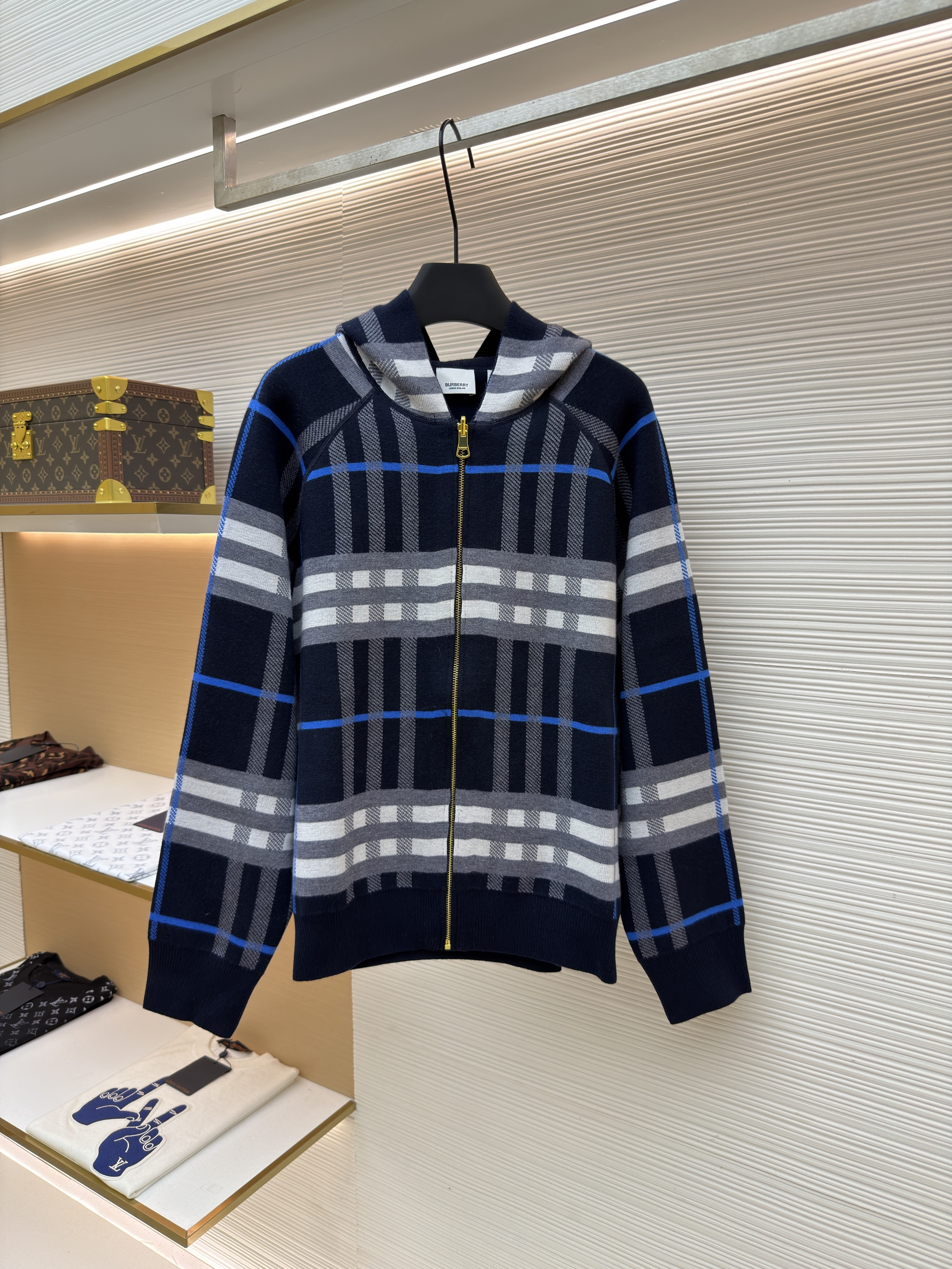 Burberry 巴宝莉 战马双面两穿羊绒格纹针织拉链连帽外套 夹克 针织衫 长袖 秋冬 蓝色 C0
