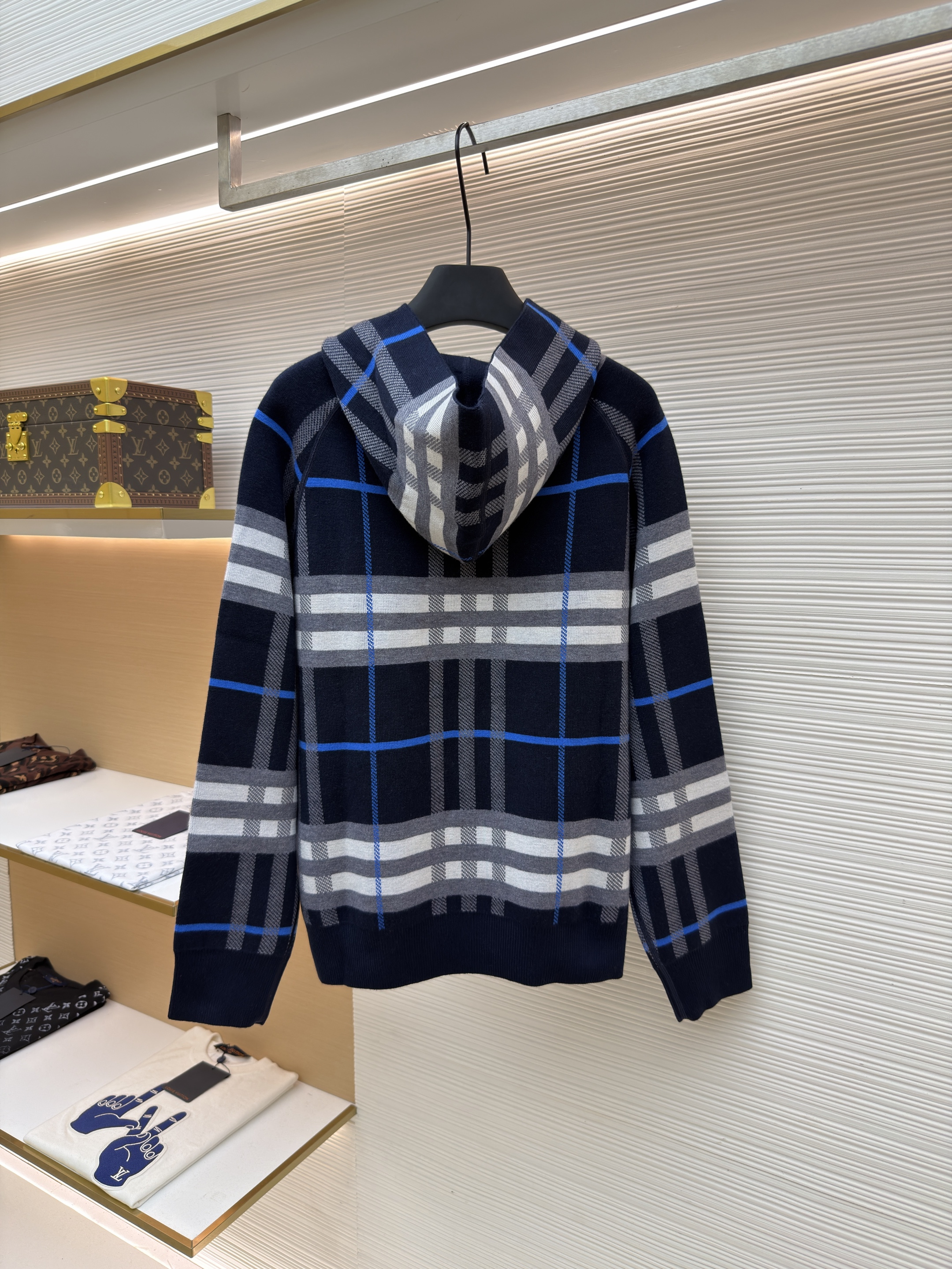 Burberry 巴宝莉 战马双面两穿羊绒格纹针织拉链连帽外套 夹克 针织衫 长袖 秋冬 蓝色 C0