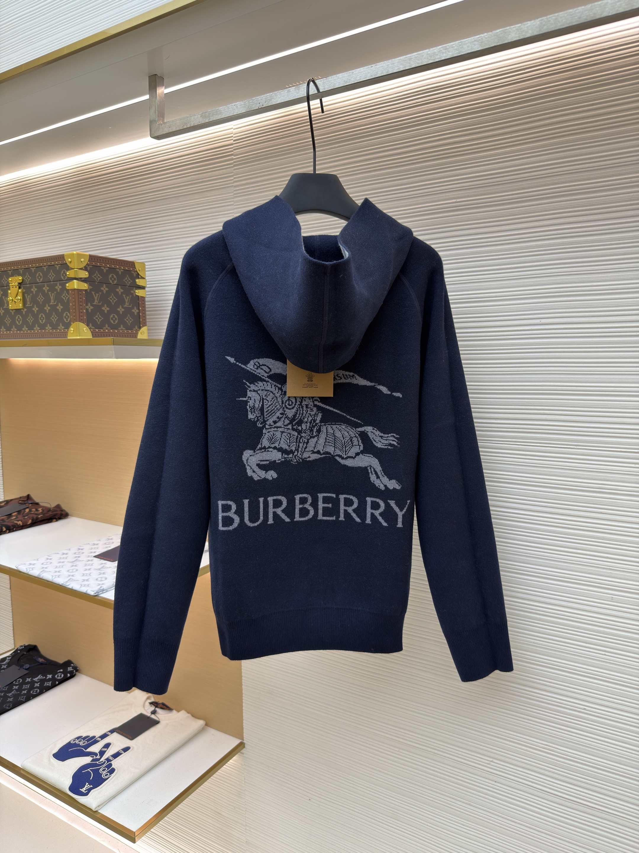 Burberry 巴宝莉 战马双面两穿羊绒格纹针织拉链连帽外套 夹克 针织衫 长袖 秋冬 蓝色 C0