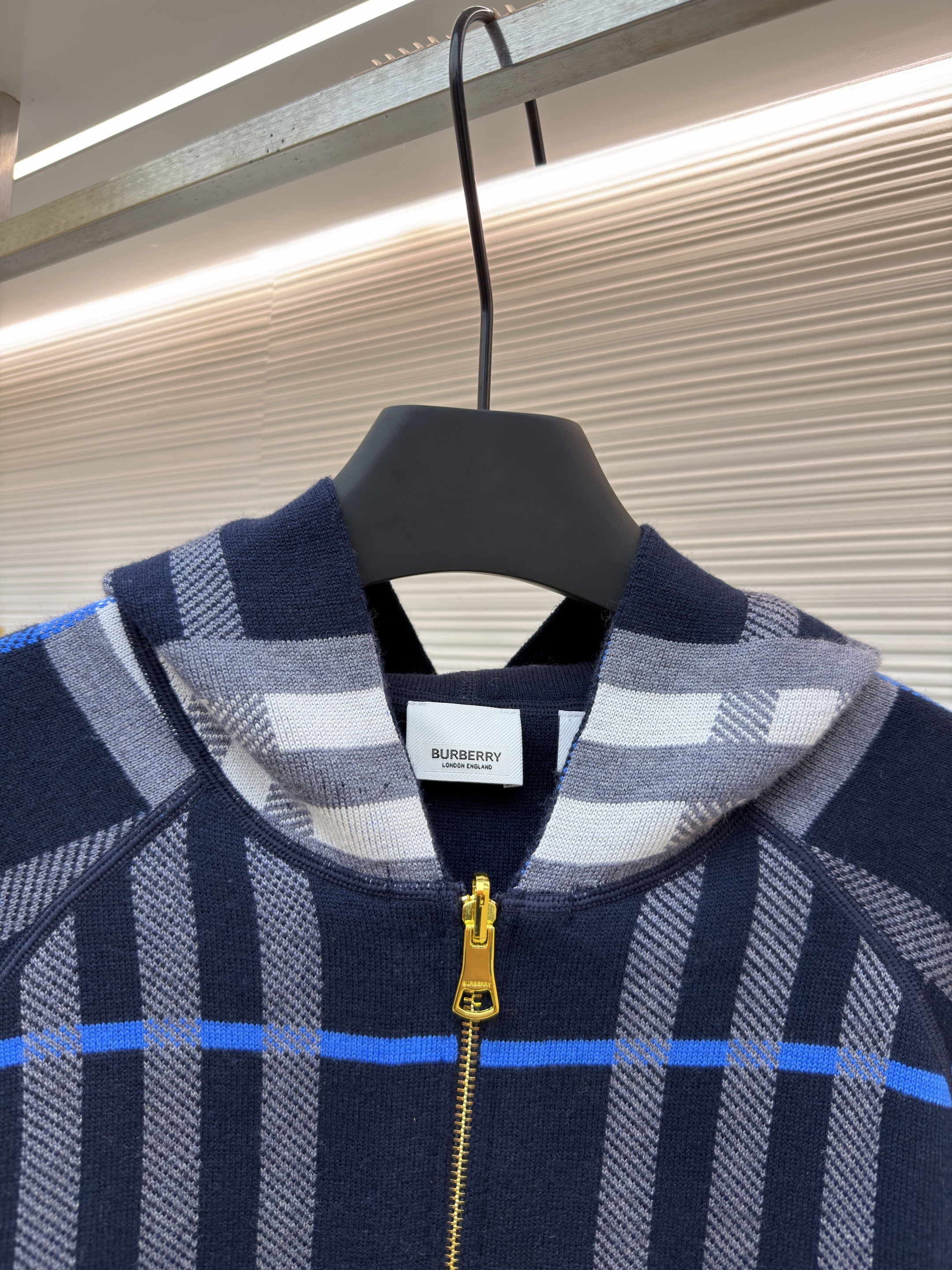 Burberry 巴宝莉 战马双面两穿羊绒格纹针织拉链连帽外套 夹克 针织衫 长袖 秋冬 蓝色 C0
