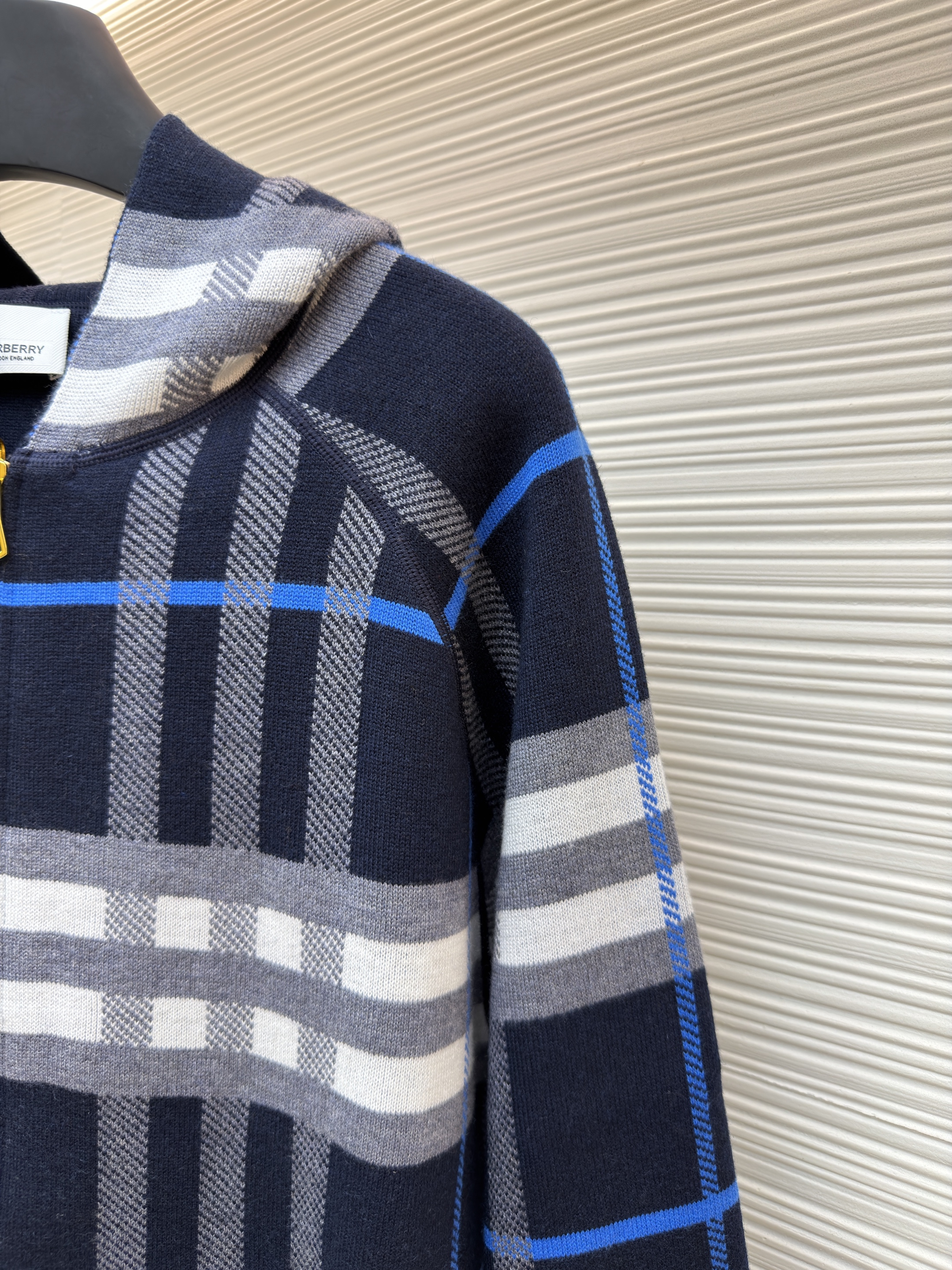 Burberry 巴宝莉 战马双面两穿羊绒格纹针织拉链连帽外套 夹克 针织衫 长袖 秋冬 蓝色 C0