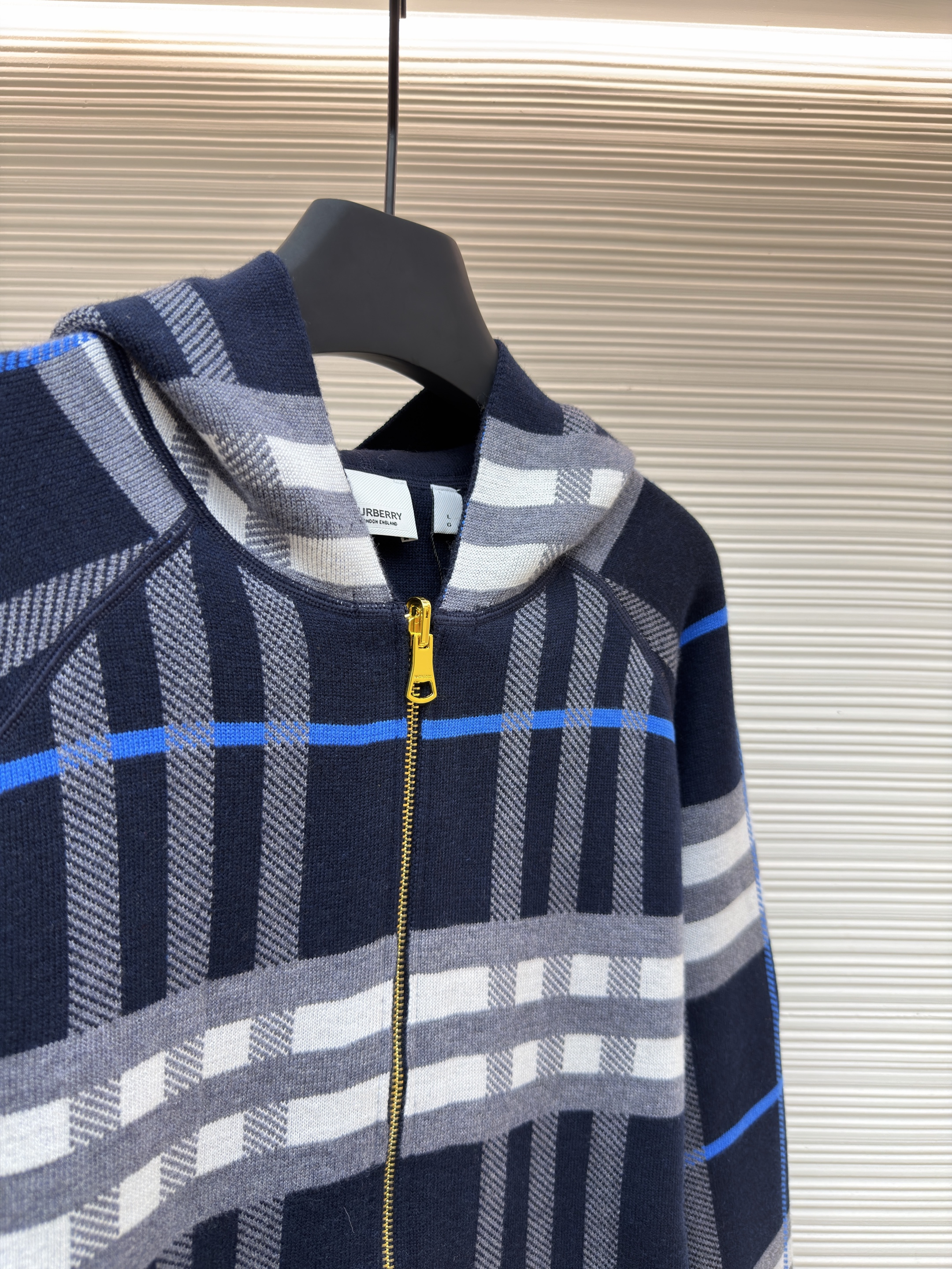 Burberry 巴宝莉 战马双面两穿羊绒格纹针织拉链连帽外套 夹克 针织衫 长袖 秋冬 蓝色 C0