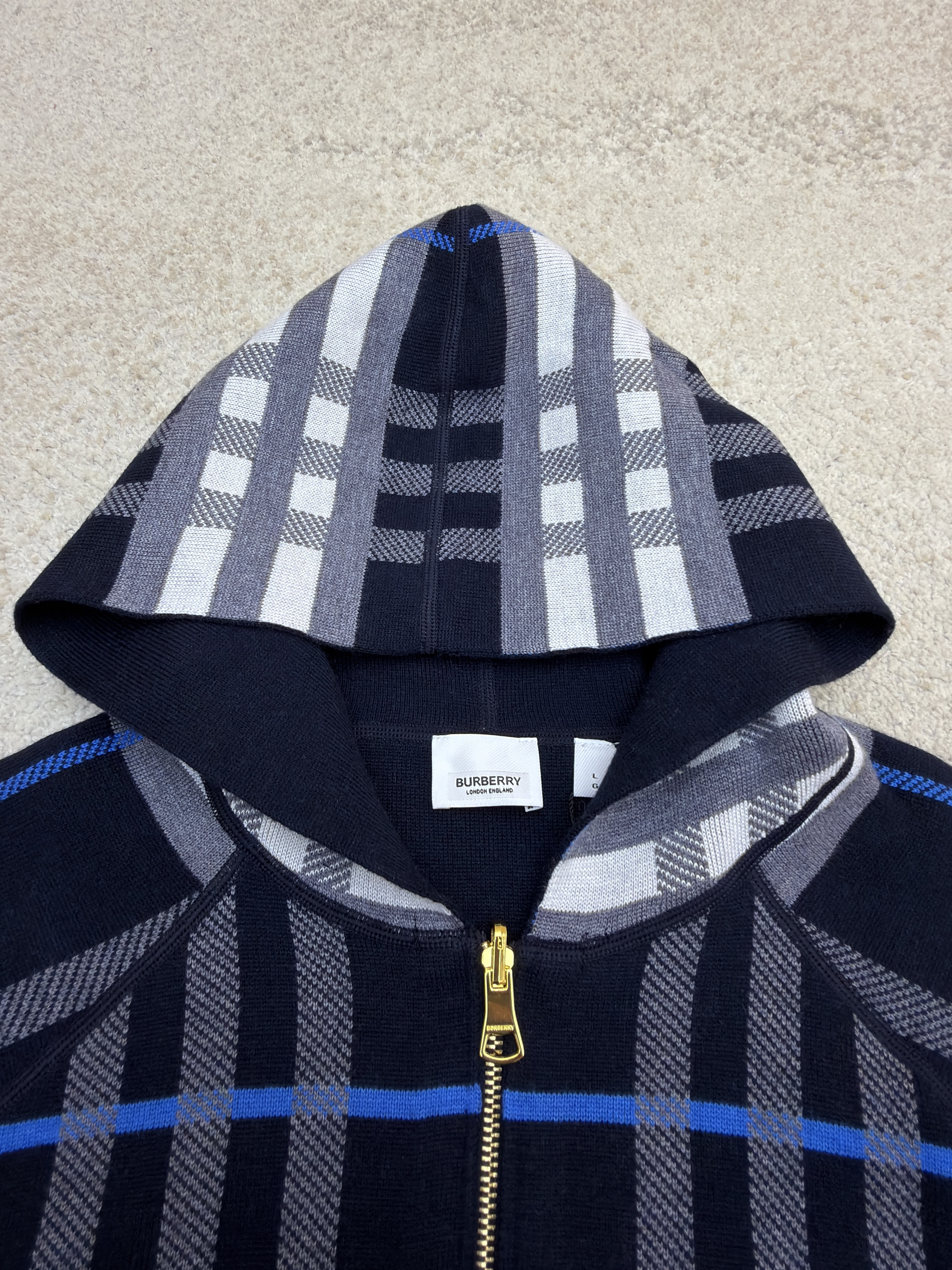 Burberry 巴宝莉 战马双面两穿羊绒格纹针织拉链连帽外套 夹克 针织衫 长袖 秋冬 蓝色 C0