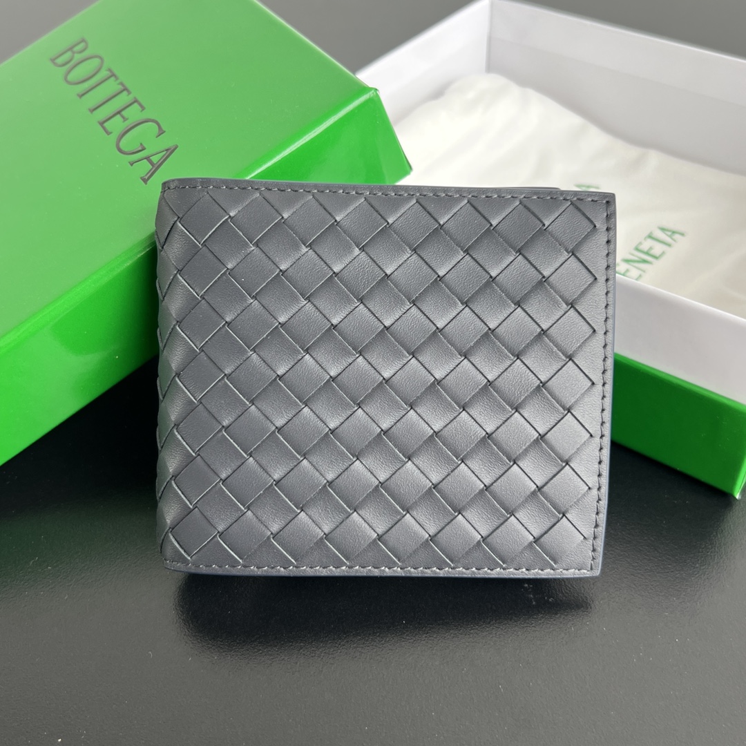 BV 葆蝶零钱袋 Bottega Veneta -Intrecciato Bi-fold wallet – Cowhide 钱包短夹 灰蓝色-B0-805654