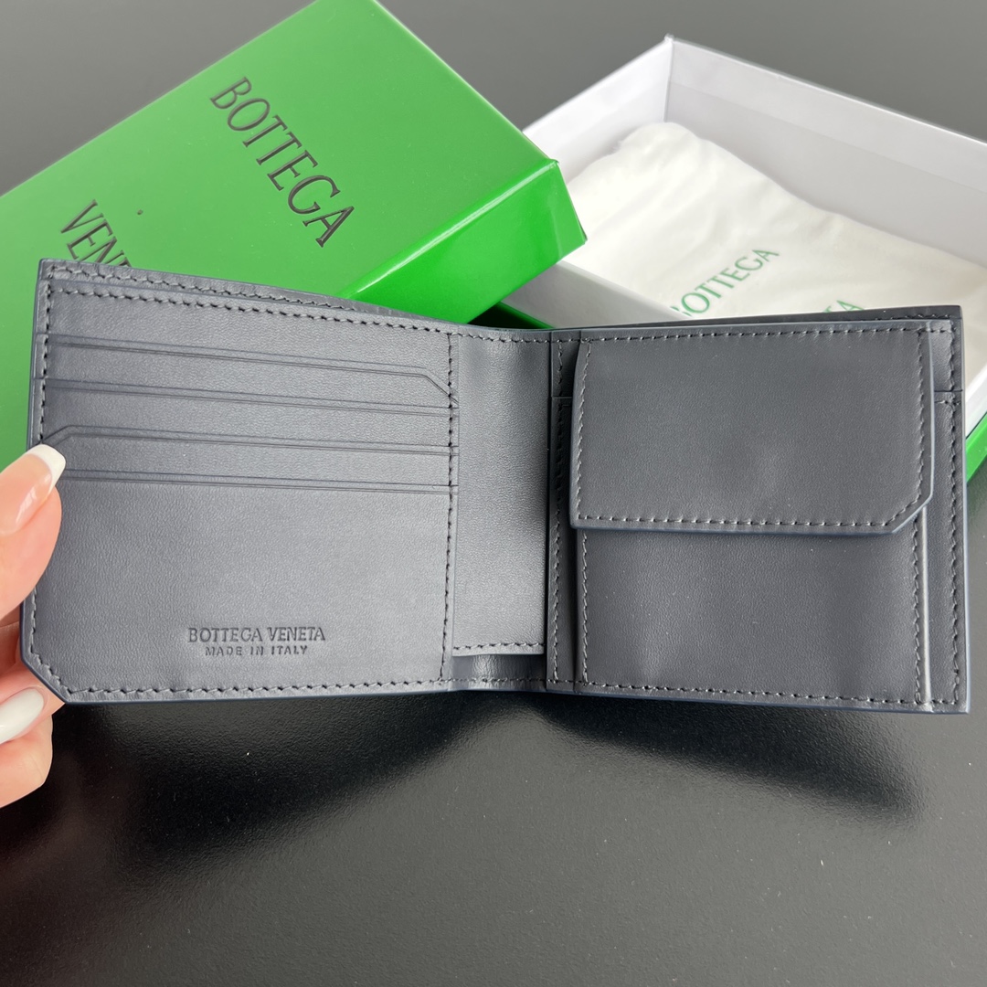 BV 葆蝶零钱袋 Bottega Veneta -Intrecciato Bi-fold wallet – Cowhide 钱包短夹 灰蓝色-B0-805654
