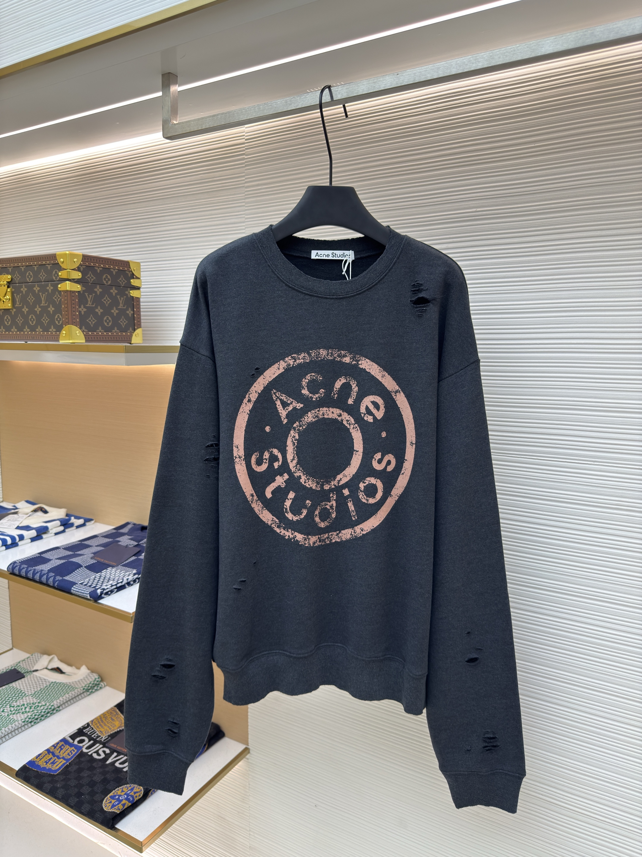 Acne Studios 破洞做旧徽标圆领卫衣 运动衫 外套 长袖 黑灰色 灰绿色 B0