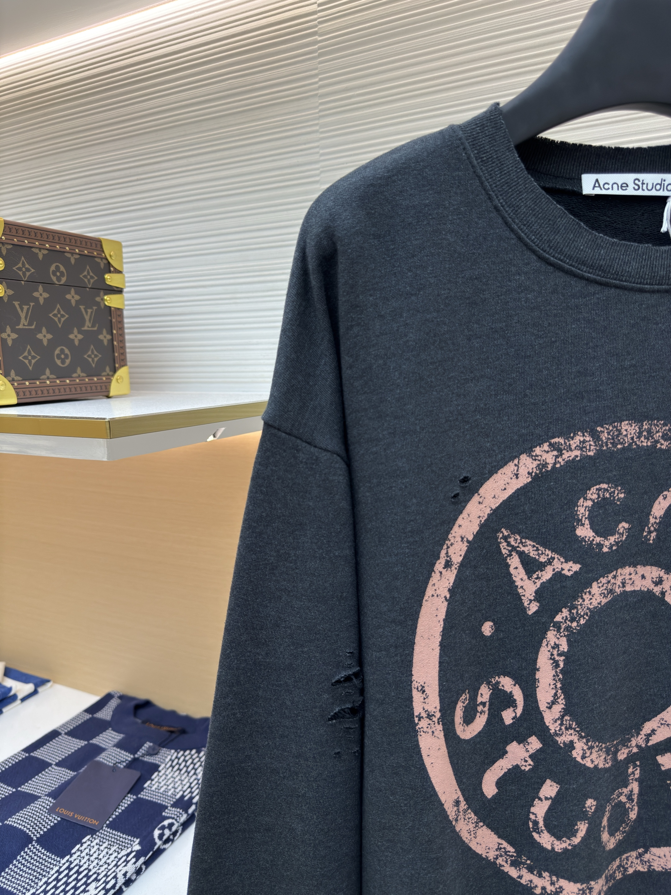 Acne Studios 破洞做旧徽标圆领卫衣 运动衫 外套 长袖 黑灰色 灰绿色 B0