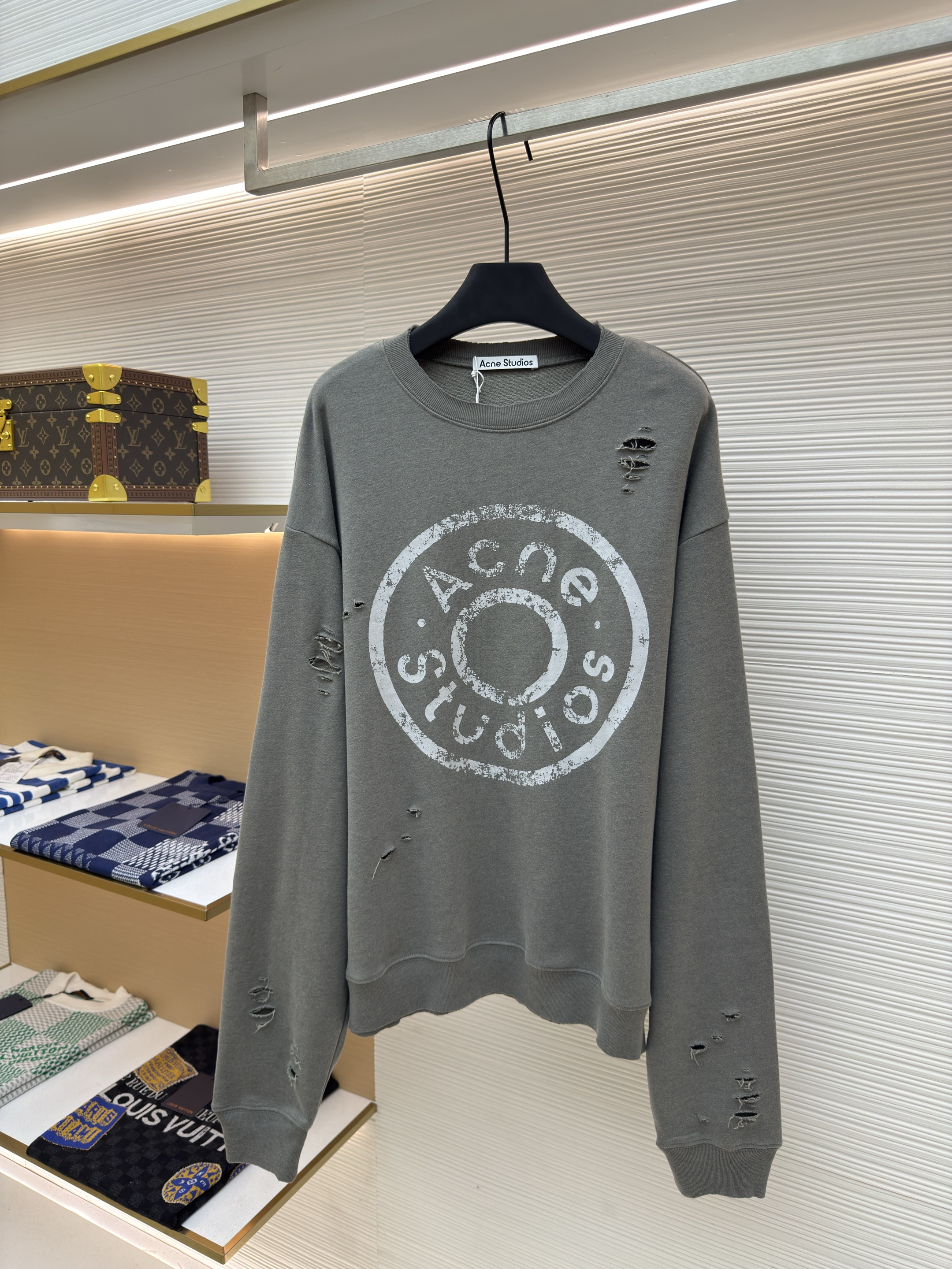 Acne Studios 破洞做旧徽标圆领卫衣 运动衫 外套 长袖 黑灰色 灰绿色 B0