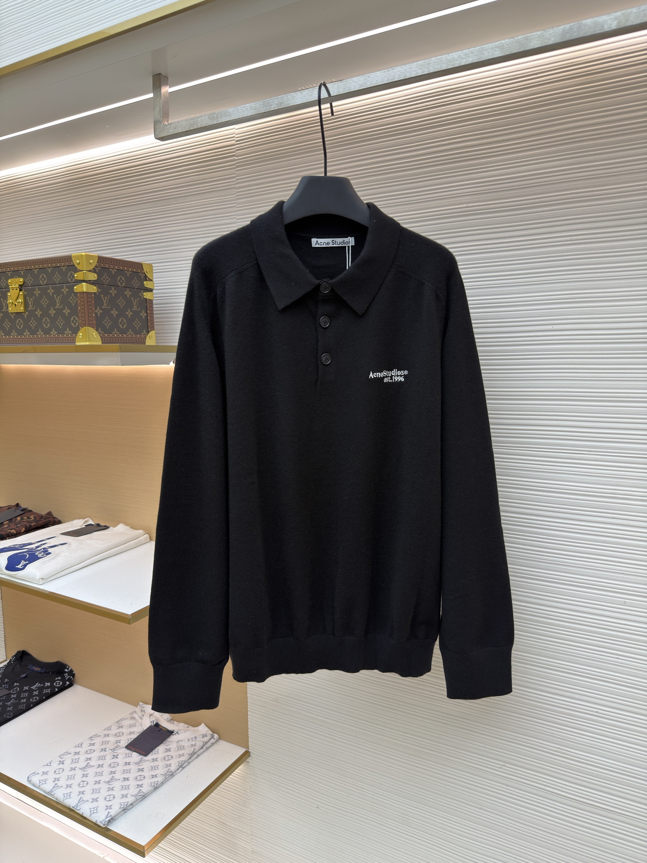 Acne Studios 徽标刺绣针织Polo衫 毛衣 针织衫 长袖 灰色 黑色 A7