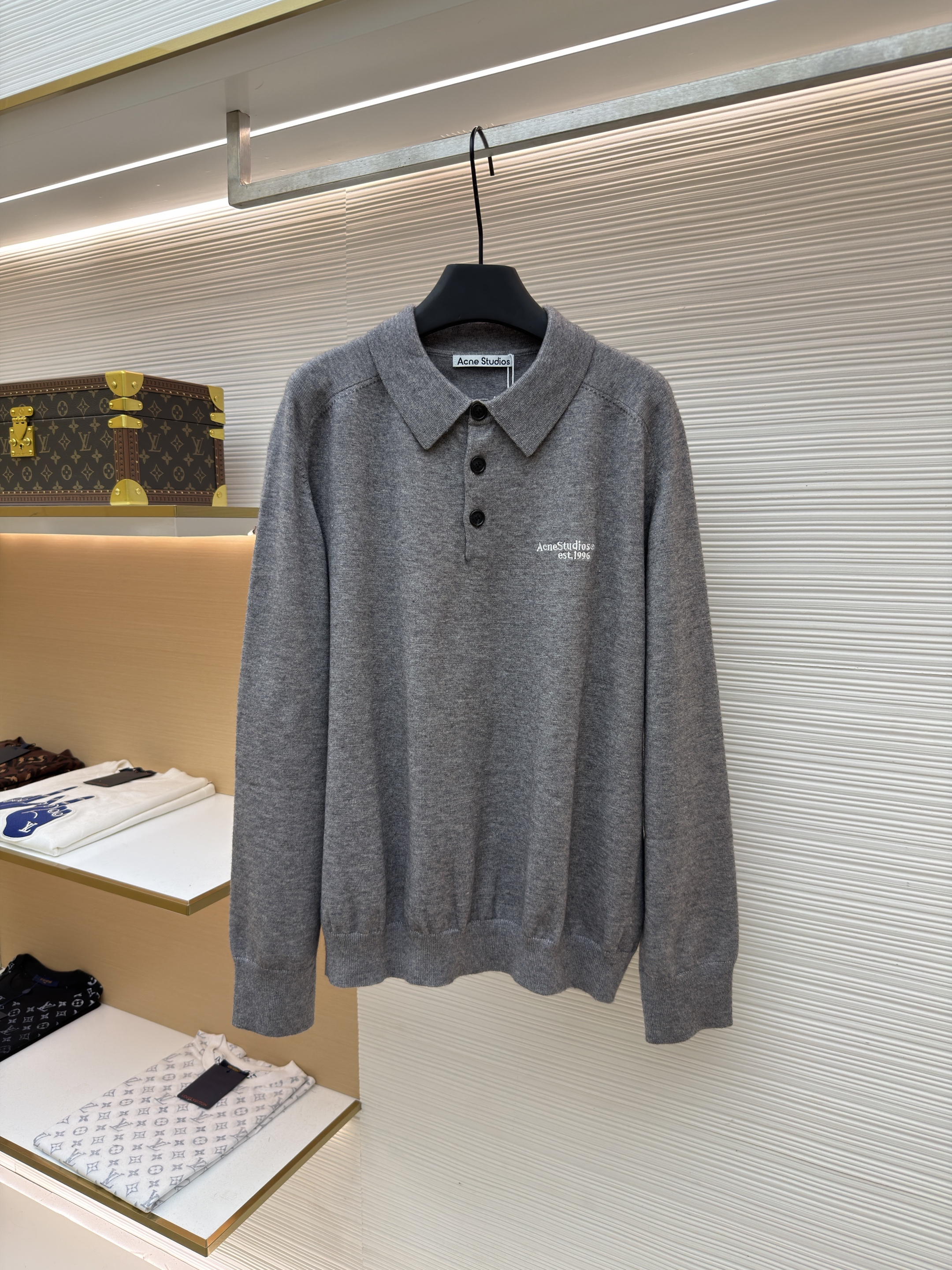 Acne Studios 徽标刺绣针织Polo衫 毛衣 针织衫 长袖 灰色 黑色 A7