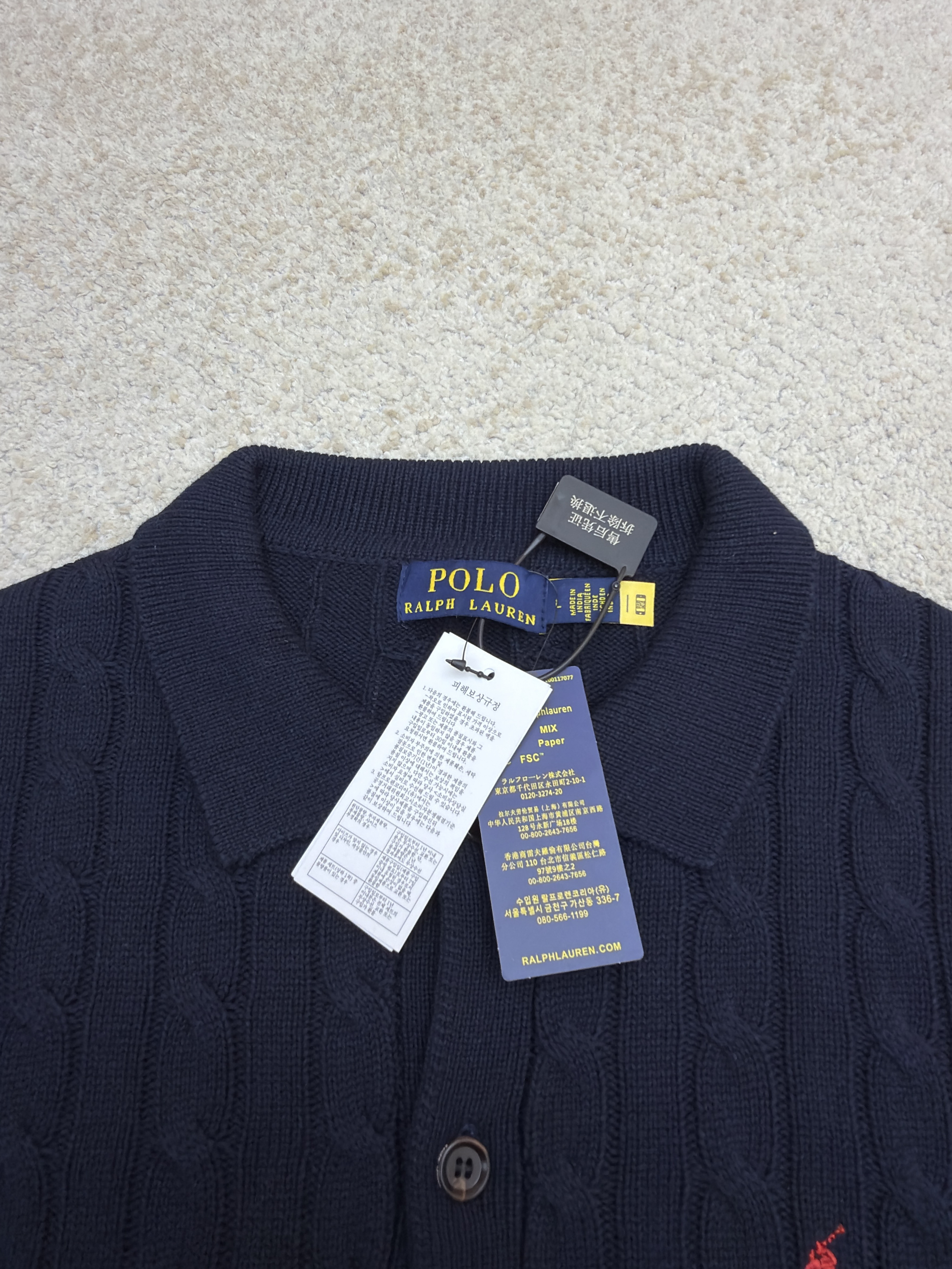 Ralph Lauren 拉夫劳伦 绞花刺绣Polo领毛衣 针织衫 开衫 外套 长袖 藏蓝色 灰色 B0