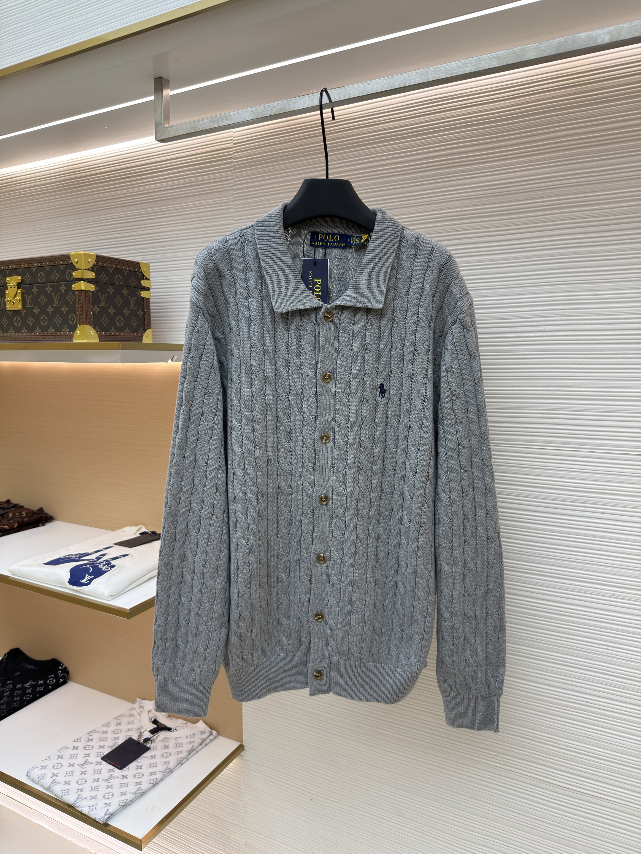 Ralph Lauren 拉夫劳伦 绞花刺绣Polo领毛衣 针织衫 开衫 外套 长袖 藏蓝色 灰色 B0