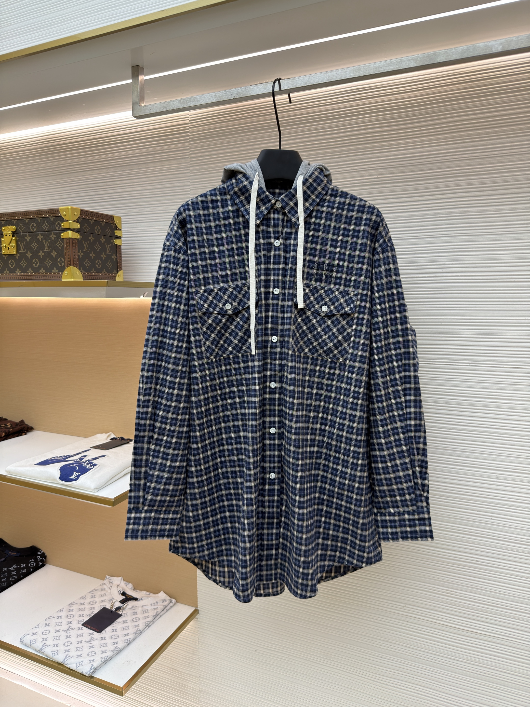 MIU MIU 缪缪 格纹徽标连帽衬衫 外套 长袖 蓝色 B5