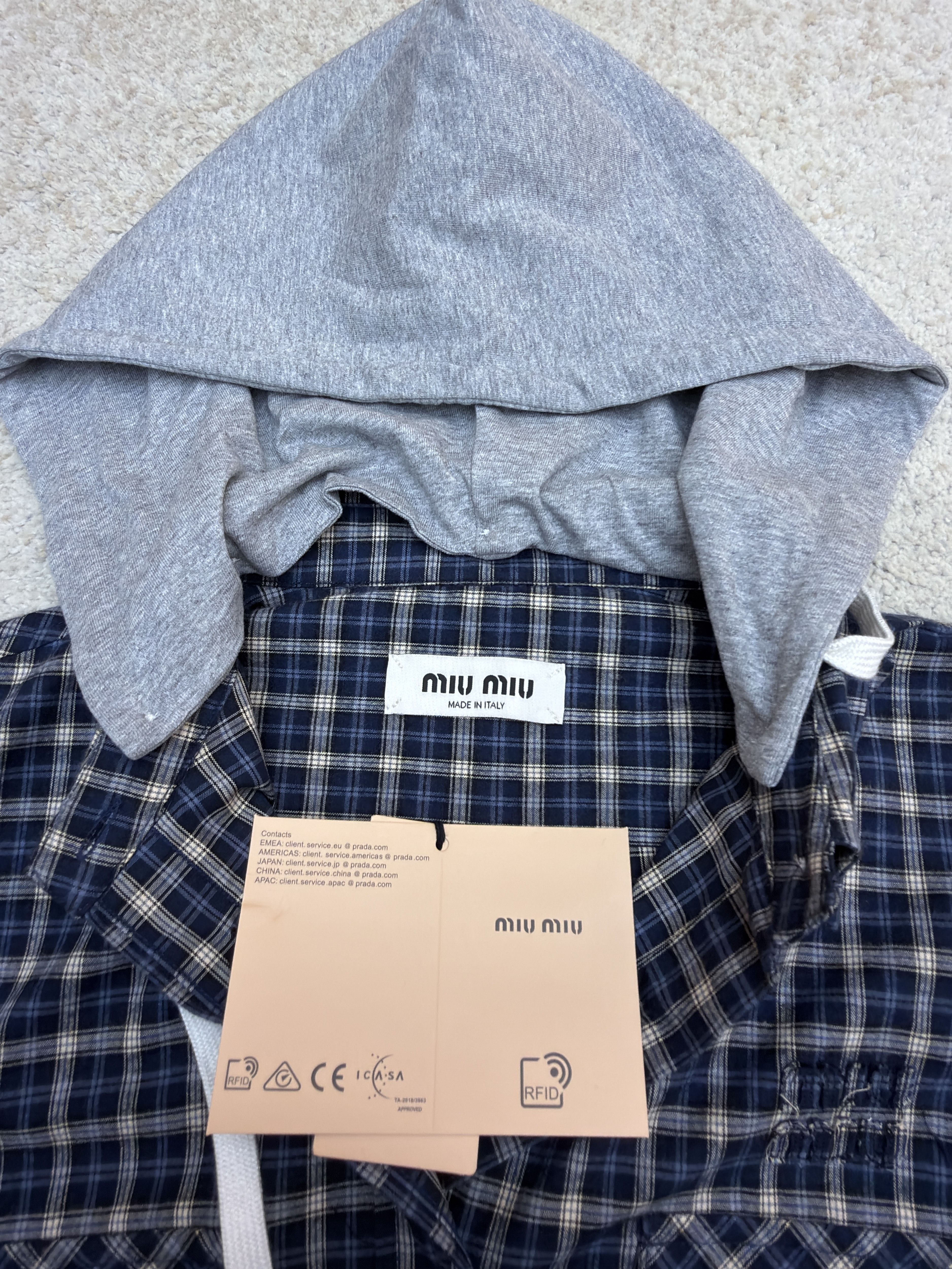 MIU MIU 缪缪 格纹徽标连帽衬衫 外套 长袖 蓝色 B5