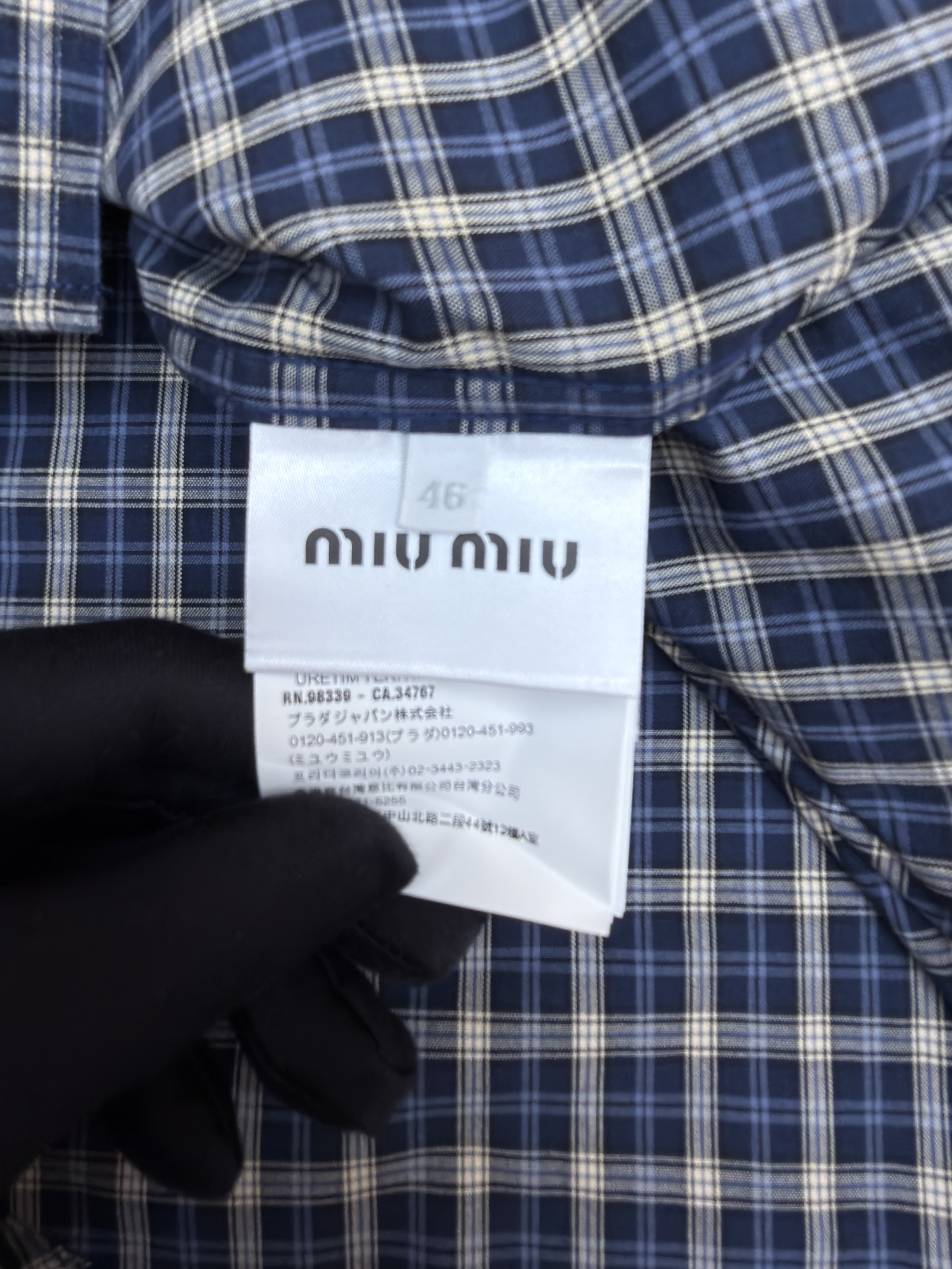 MIU MIU 缪缪 格纹徽标连帽衬衫 外套 长袖 蓝色 B5