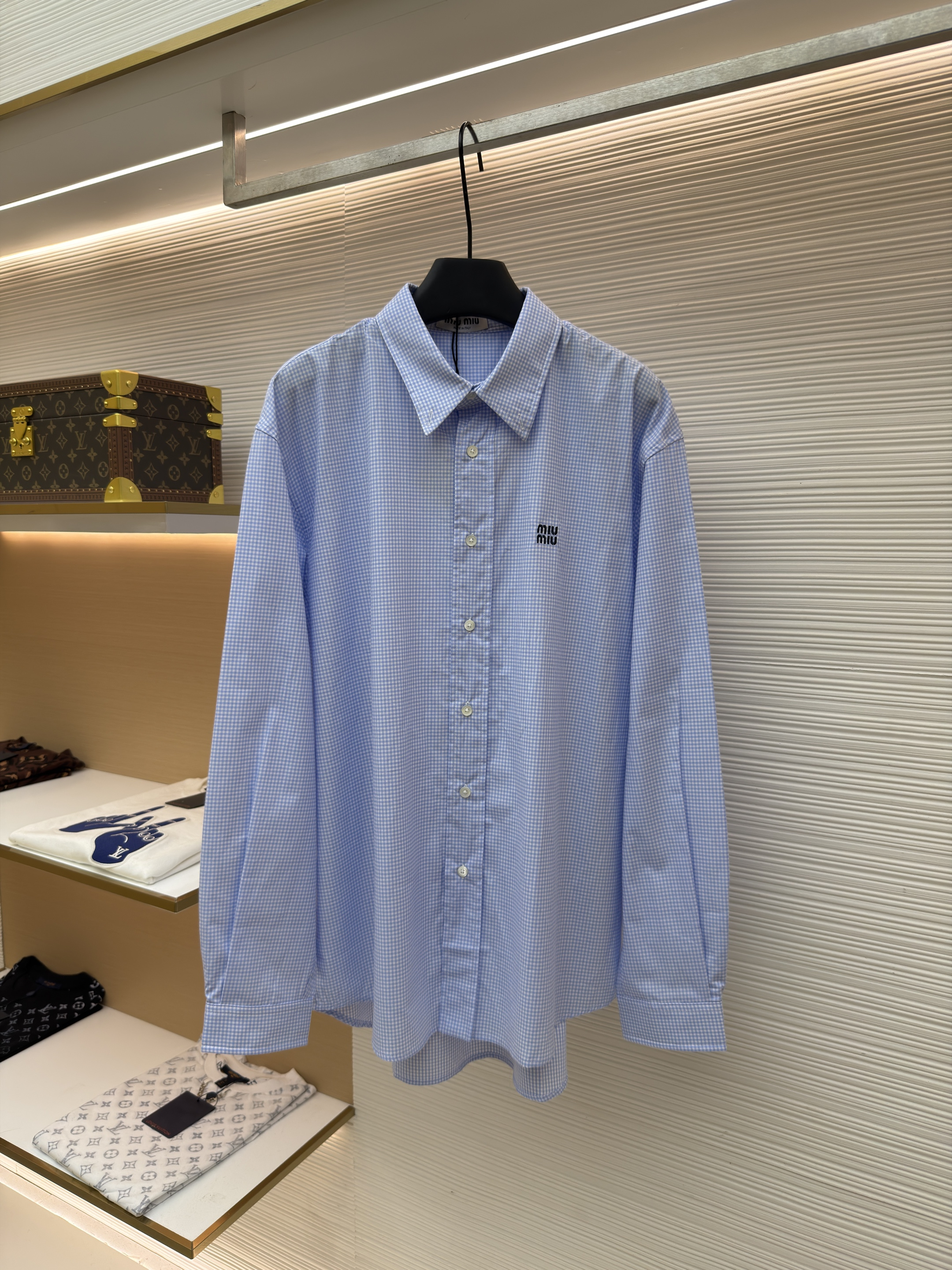 MIU MIU 缪缪 徽标格纹衬衫 外套 长袖 蓝色 B0