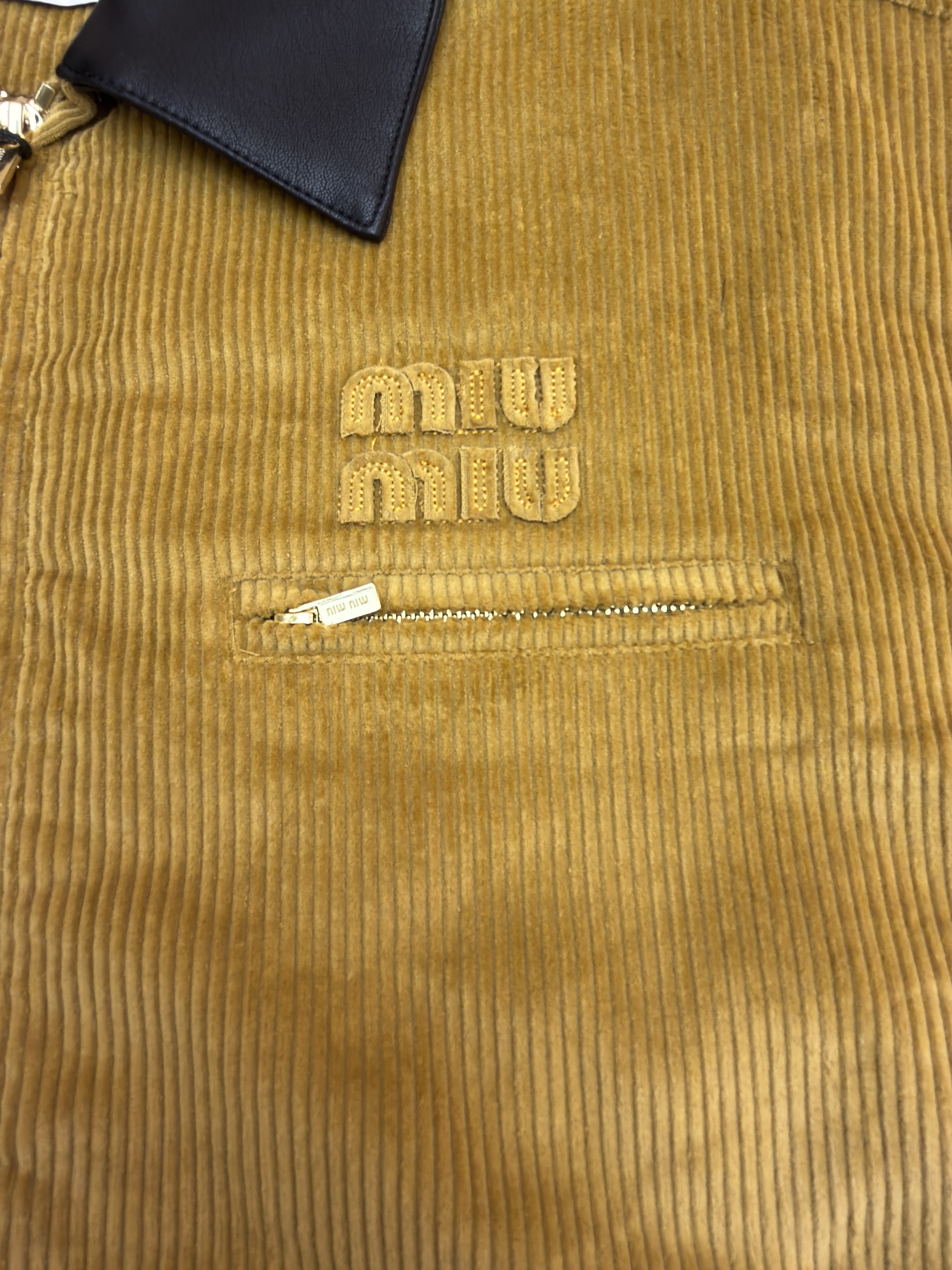 MIU MIU 缪缪 美拉德皮领灯芯绒拉链棉服 外套 夹克 长袖 保暖 黄棕色 C0