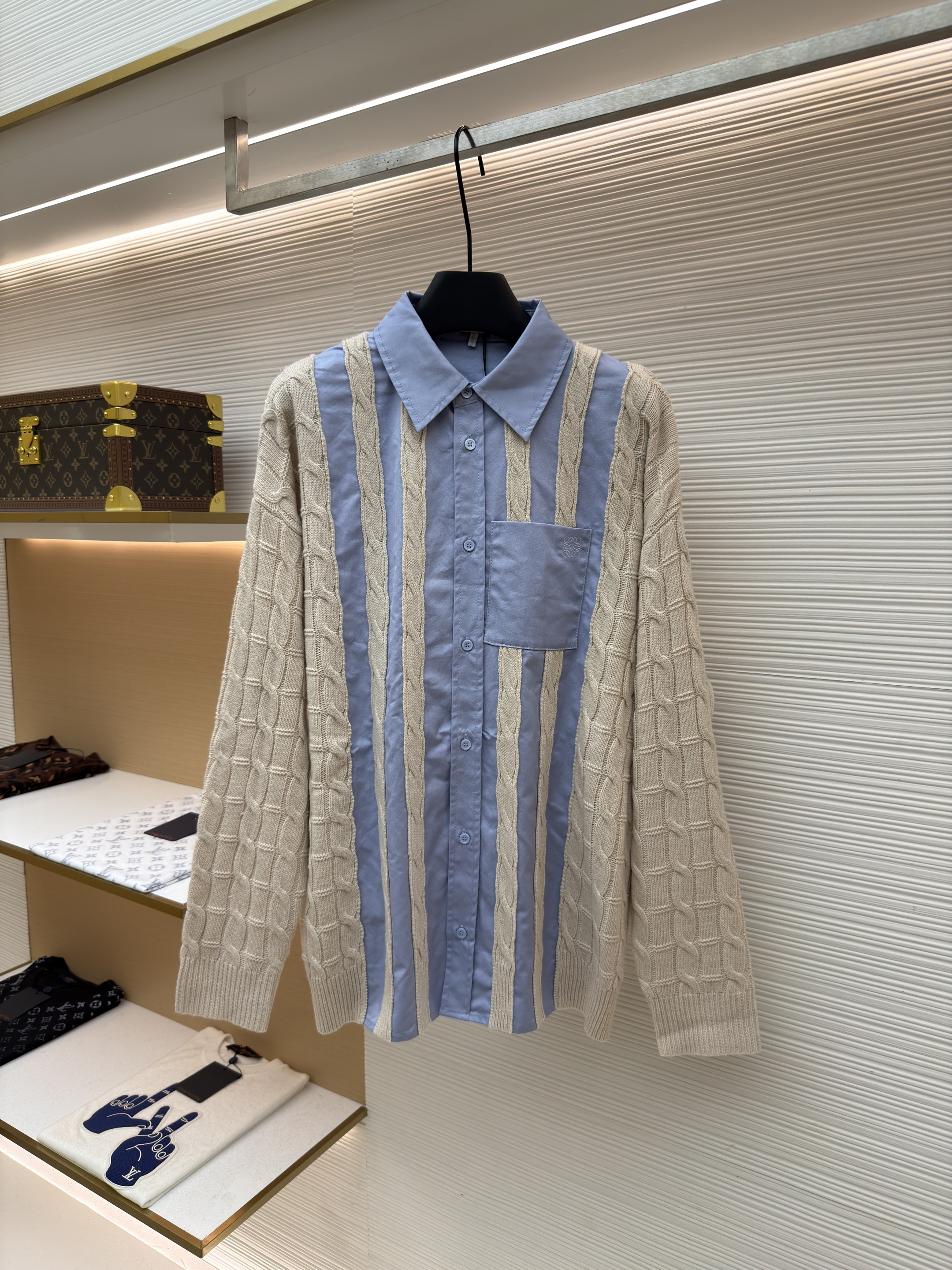 LOEWE 罗意威 刺绣羊毛混搭衬衫 毛衣 针织衫 外套 长袖 蓝色 棕色 B5