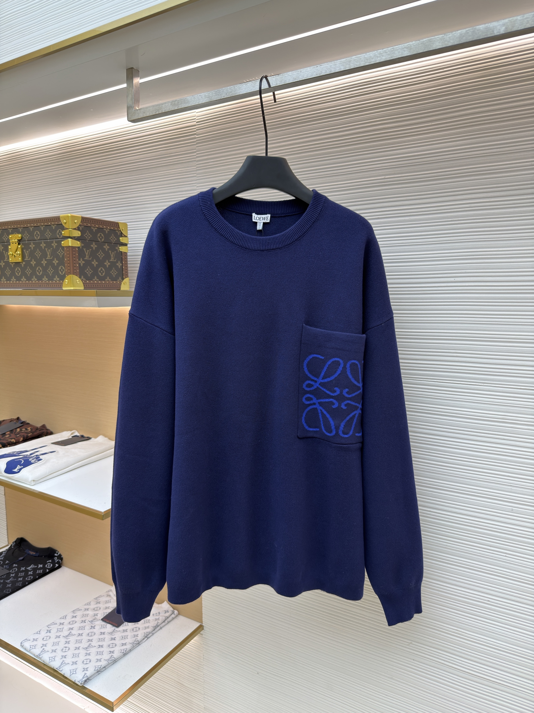 LOEWE 罗意威 口袋提花羊圆领针织毛衣 针织衫 外套 长袖 蓝色 B0 