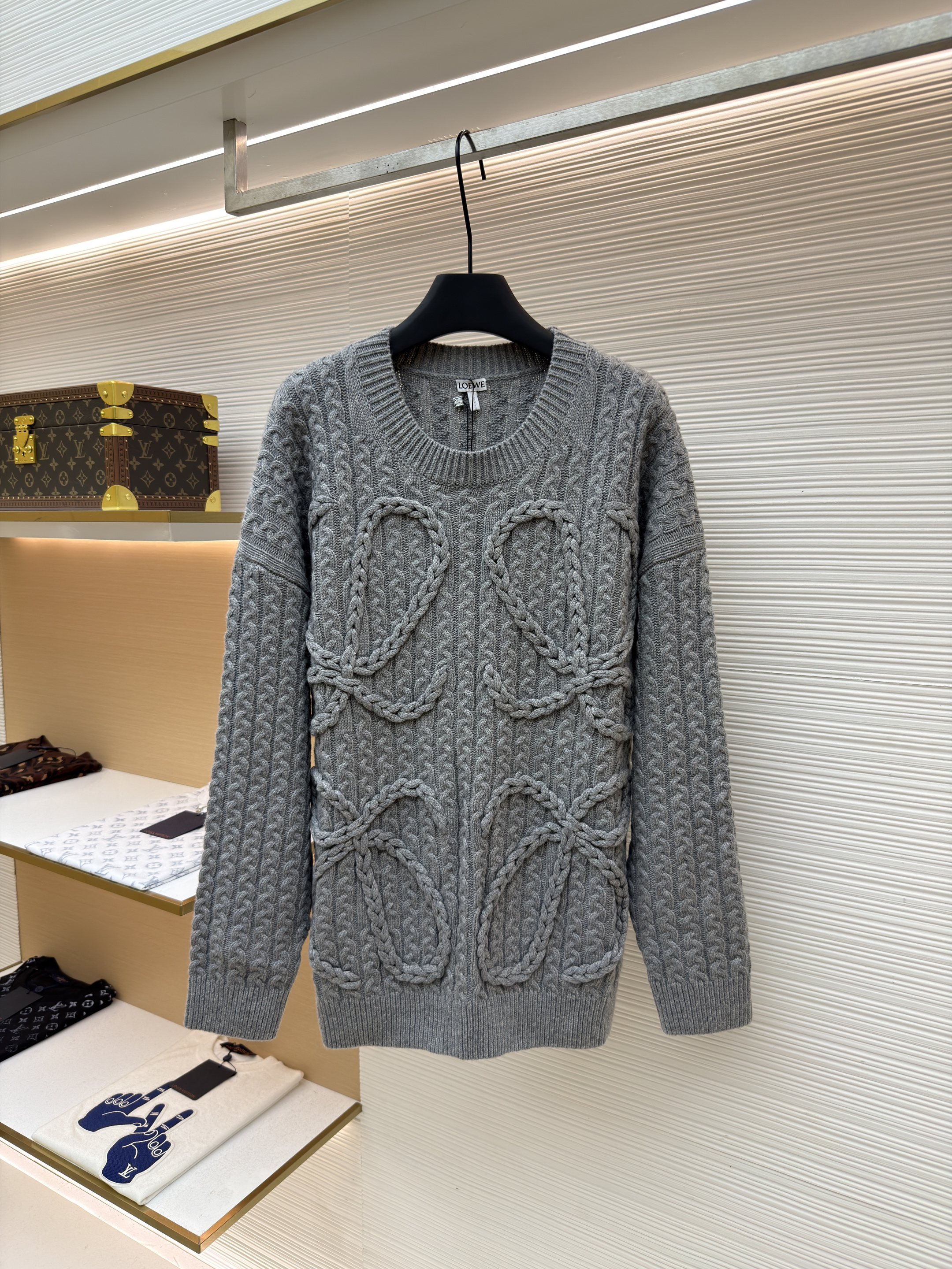 LOEWE 罗意威 Anagram 麻花编织圆领毛衣 针织衫 外套 长袖 绿色 灰色 B0 H526Y14K83-4160