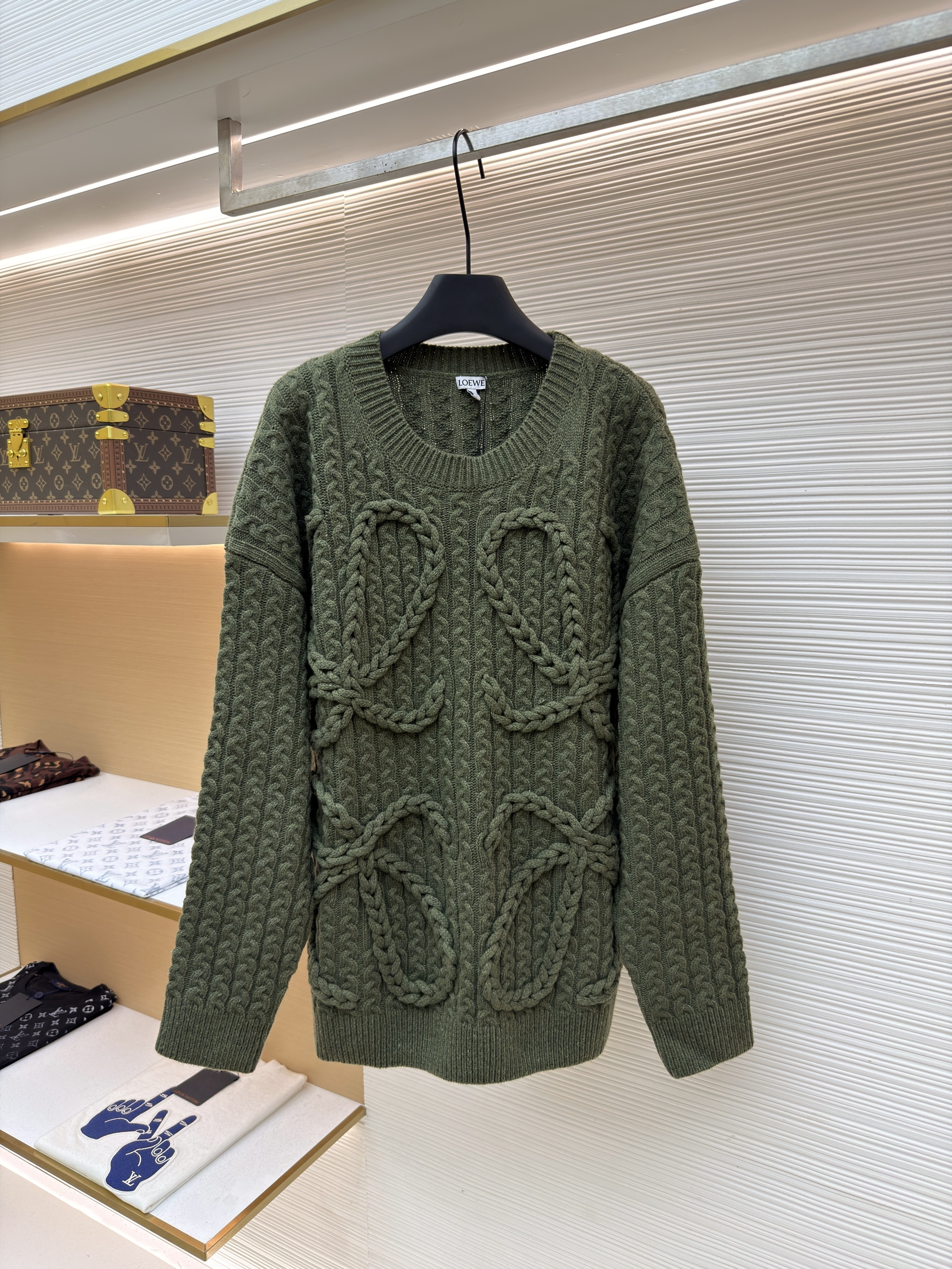 LOEWE 罗意威 Anagram 麻花编织圆领毛衣 针织衫 外套 长袖 绿色 灰色 B0 H526Y14K83-4160