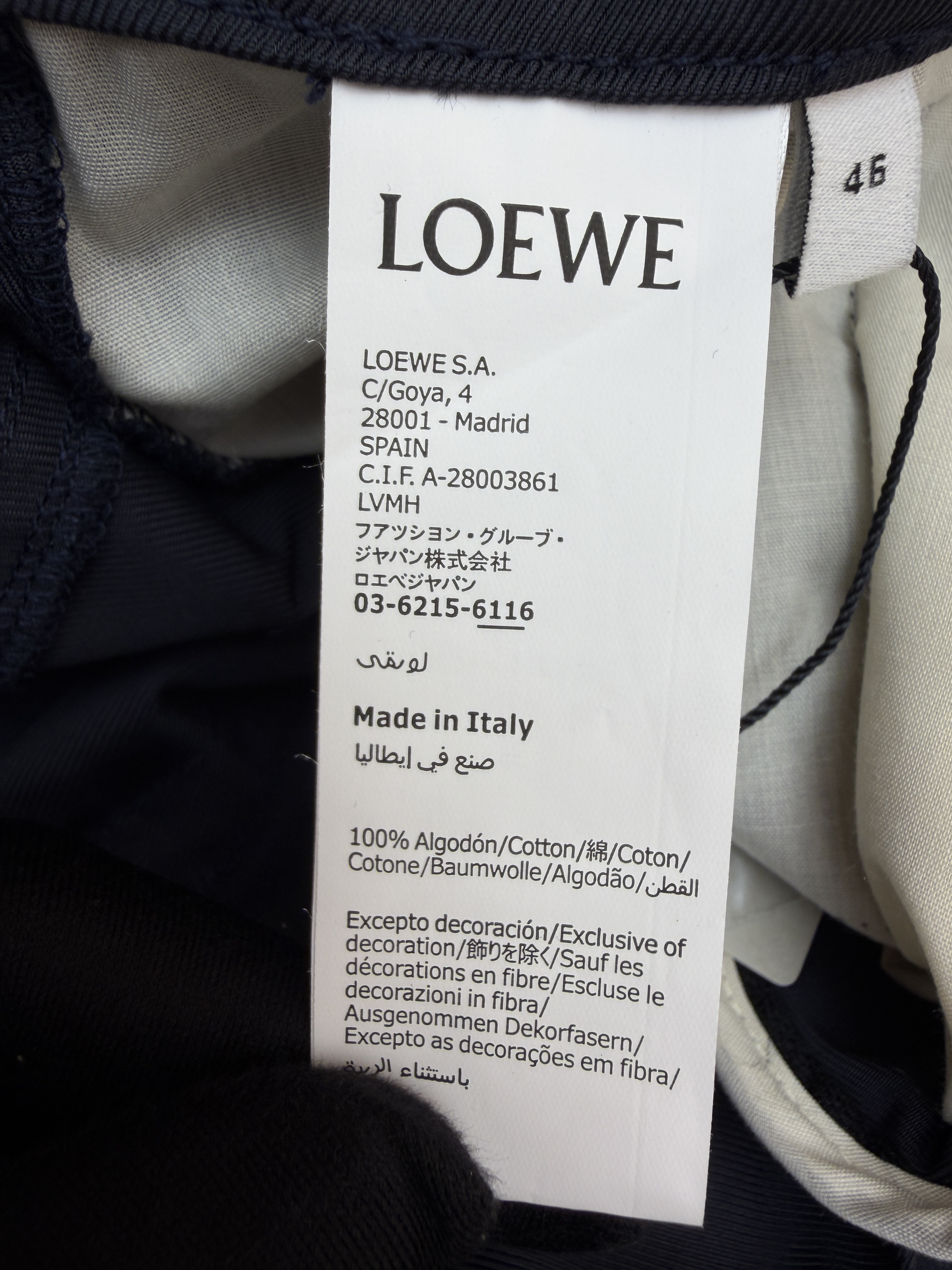 Loewe 罗意威 棉质斜纹布工装裤 长裤 裤子 休闲裤 藏蓝色 B0