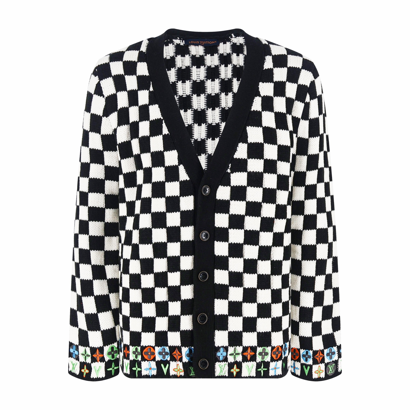 LOUIS VUITTON 路易威登 棋盘格彩色提花V领针织开衫 毛衣 针织衫 外套 秋冬 长袖 黑白 C0