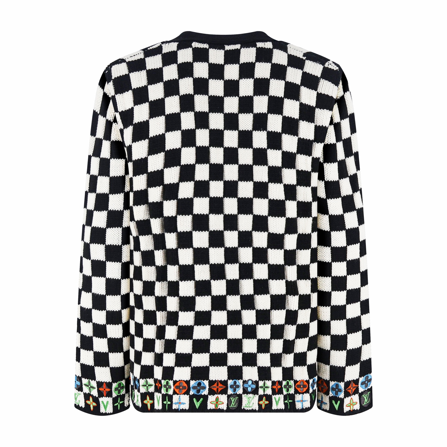 LOUIS VUITTON 路易威登 棋盘格彩色提花V领针织开衫 毛衣 针织衫 外套 秋冬 长袖 黑白 C0