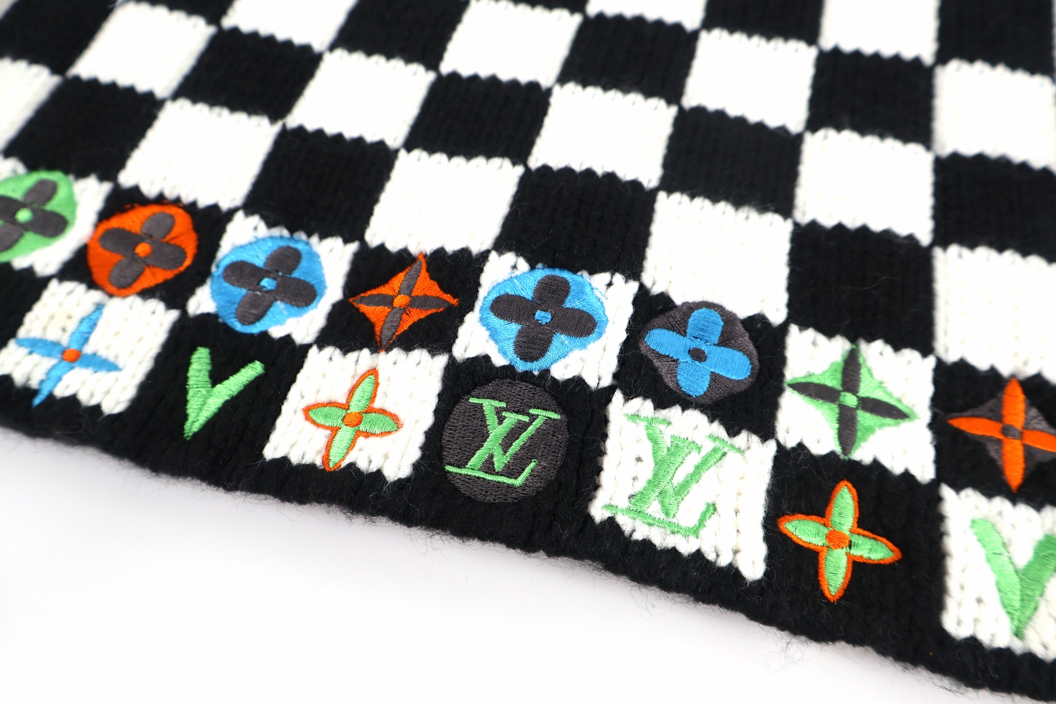 LOUIS VUITTON 路易威登 棋盘格彩色提花V领针织开衫 毛衣 针织衫 外套 秋冬 长袖 黑白 C0
