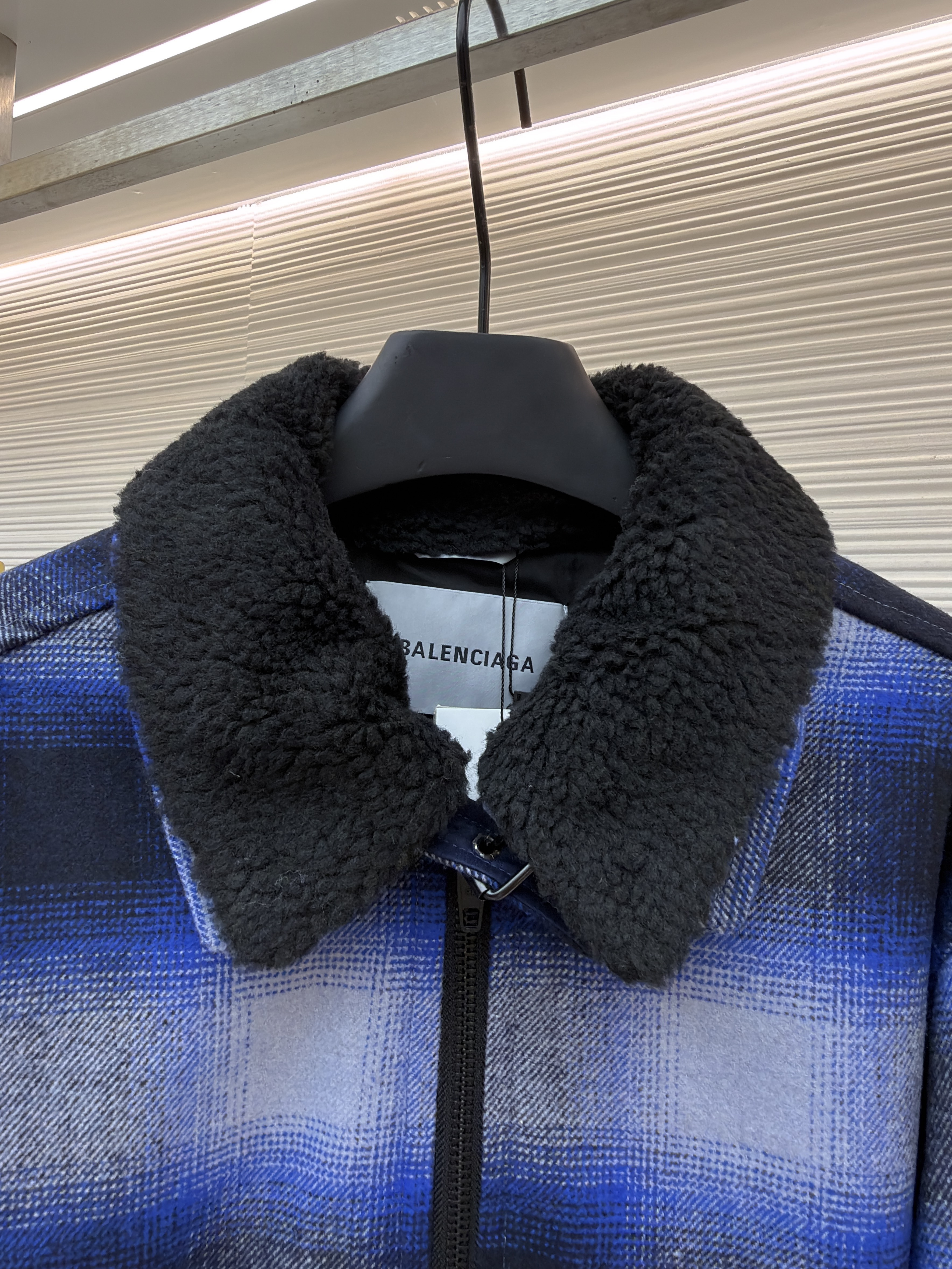 Balenciaga 巴黎世家 可拆卸毛领拼色格纹拉链外套 夹克 长袖 秋冬 蓝色 C0