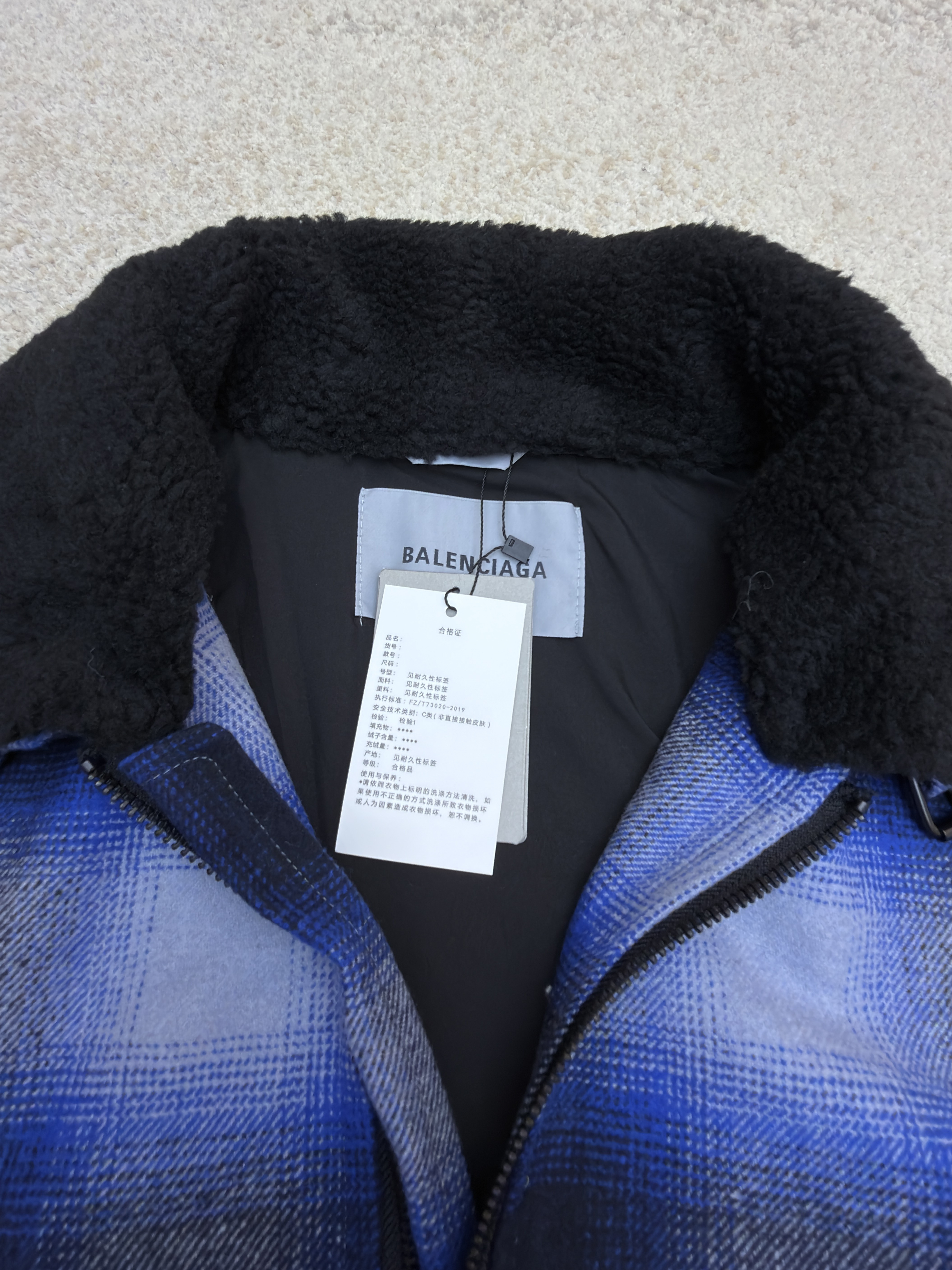 Balenciaga 巴黎世家 可拆卸毛领拼色格纹拉链外套 夹克 长袖 秋冬 蓝色 C0