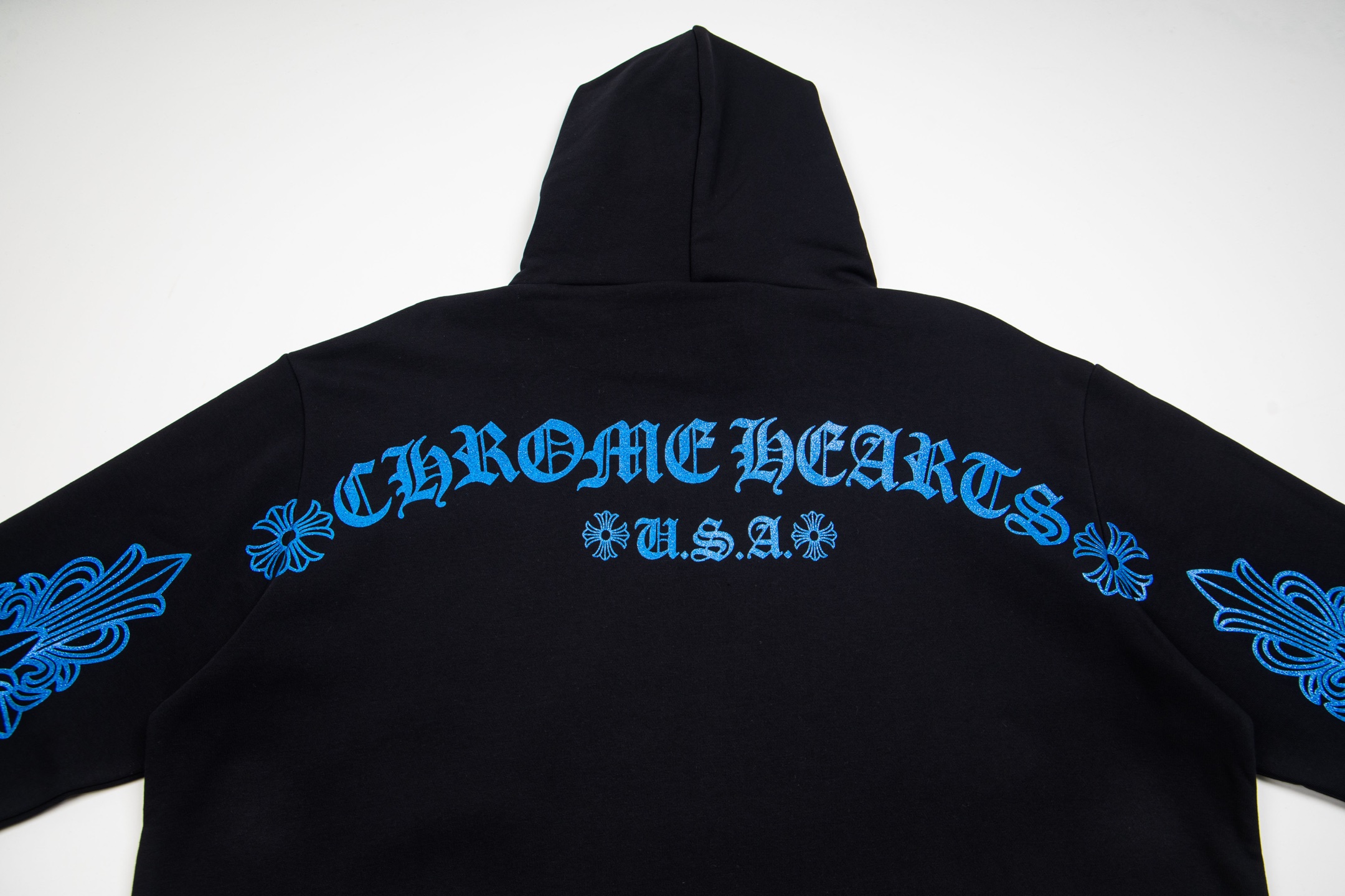 Chrome Hearts  克罗心 蓝色马蹄闪粉暗纹黑麒麟套头连帽卫衣 连帽衫 花臂 长袖 外套 蓝黑色 B0