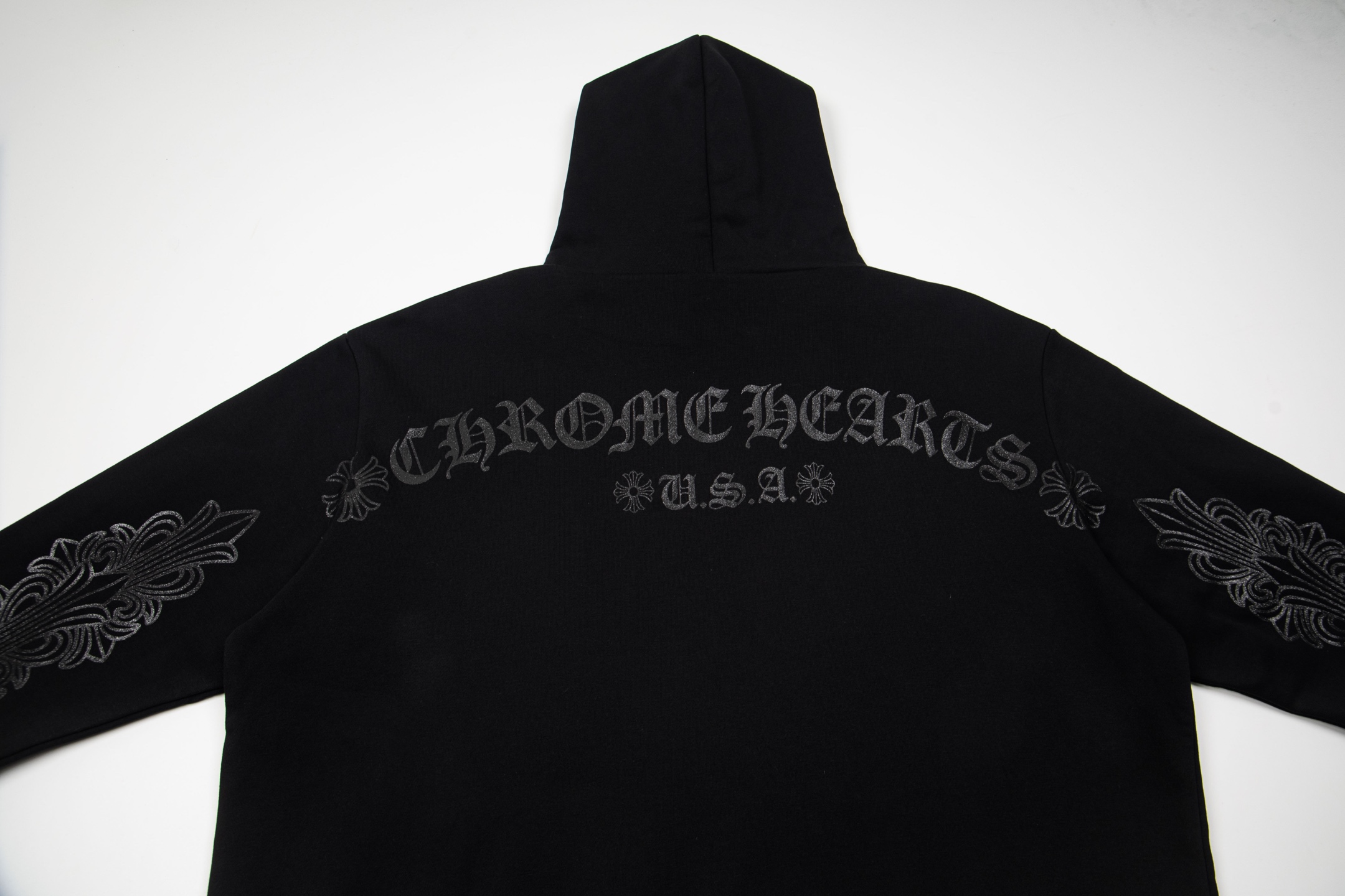 Chrome Hearts  克罗心 马蹄闪粉暗纹黑麒麟套头连帽卫衣 连帽衫 花臂 长袖 外套 黑色 B0