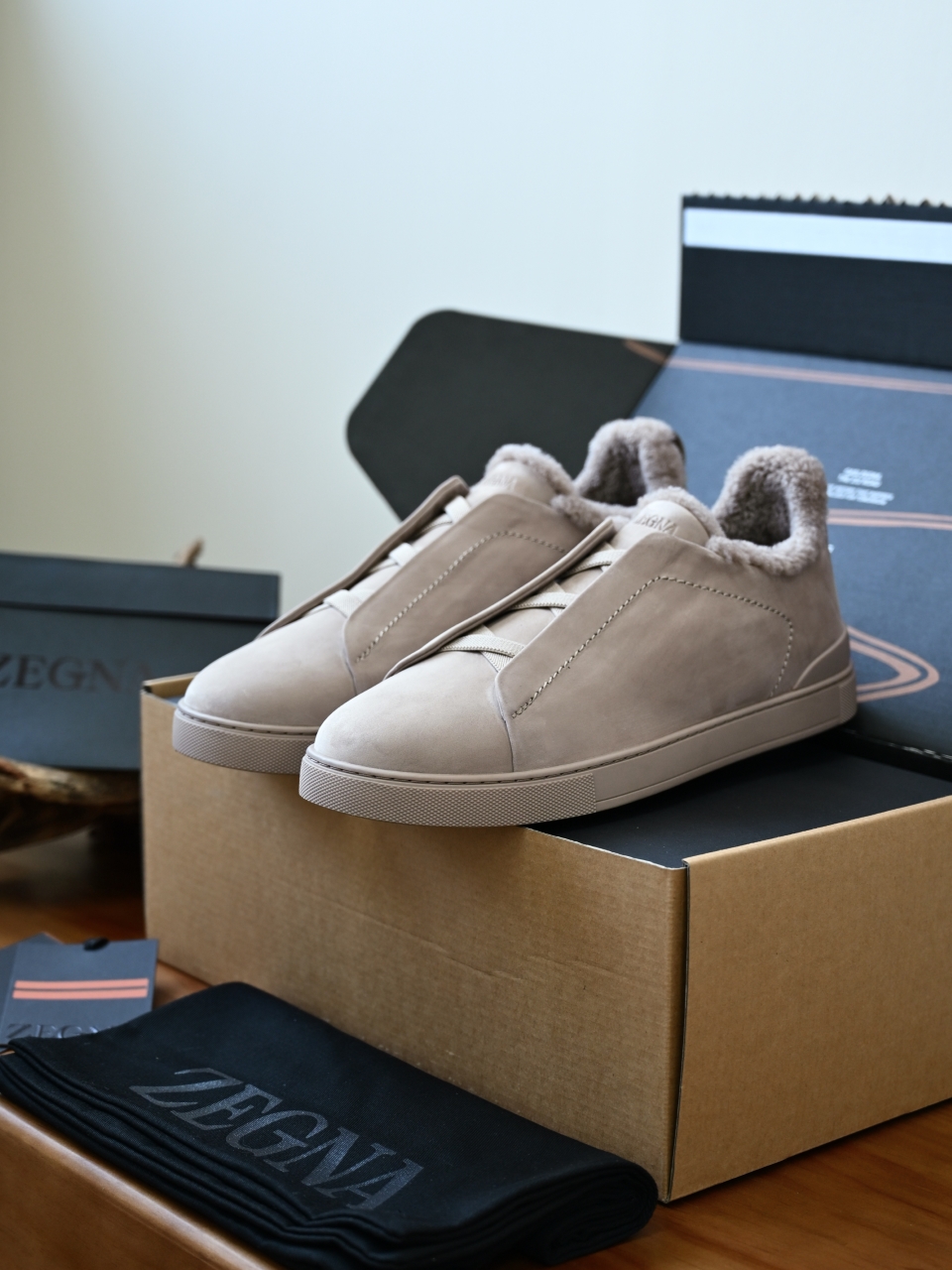 ZE2617-5M-Zegna Triple-Elastic Slip-On-Premium Suede Leather-Plush Shearling-Lined-C0 麂皮加绒
