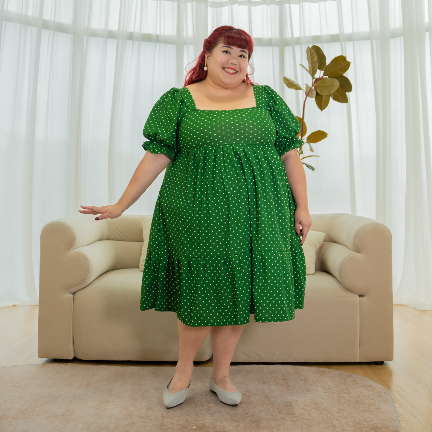 MAYA KATHERINE DRESS - GREEN POLKA DOTS-Juneoesque-Plus Size Clothing