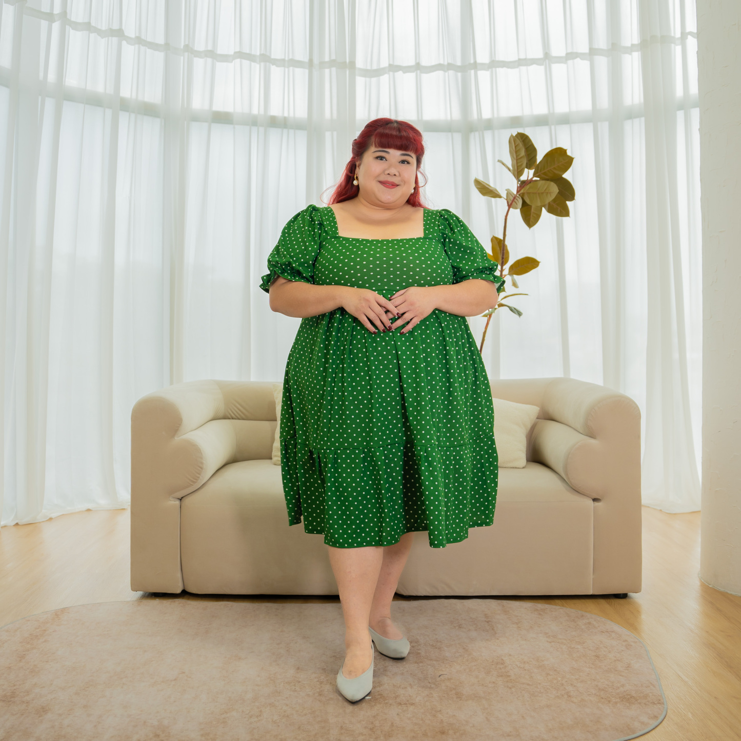 MAYA KATHERINE DRESS - GREEN POLKA DOTS-Juneoesque-Plus Size Clothing