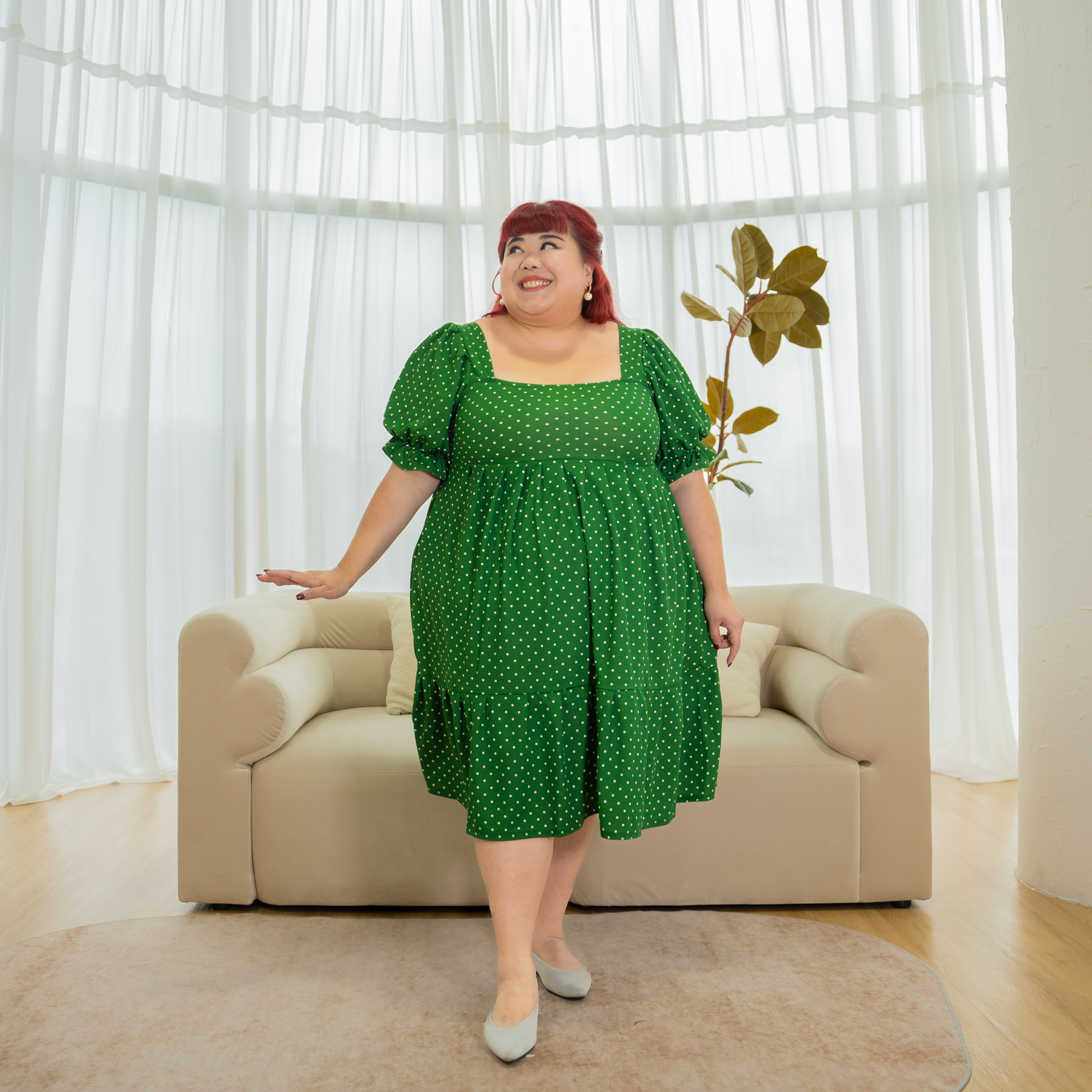 MAYA KATHERINE DRESS - GREEN POLKA DOTS-Juneoesque-Plus Size Clothing