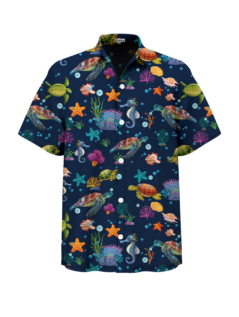男士海龜殼圖案短袖沙灘襯衫