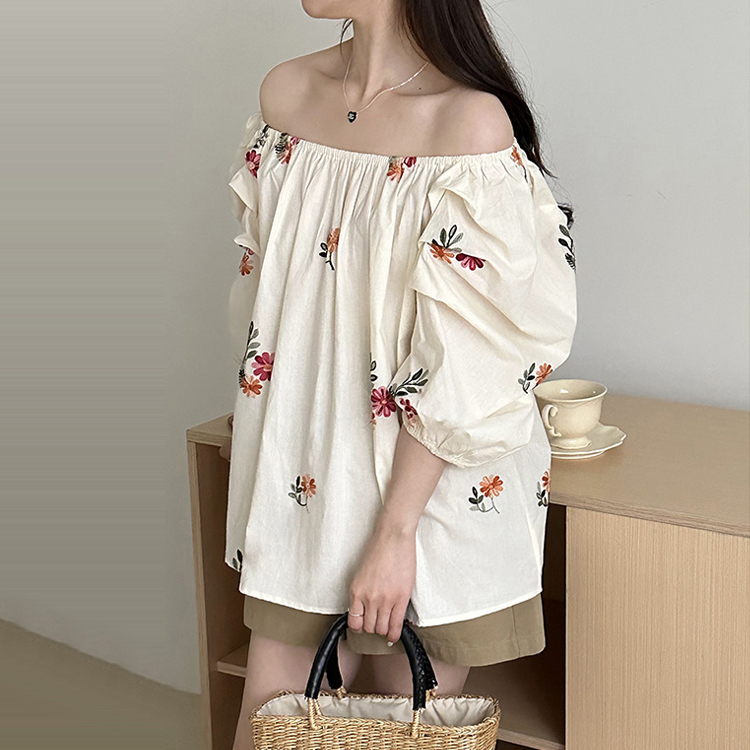 韓系繡花氣質甜美優雅泡泡袖襯衫