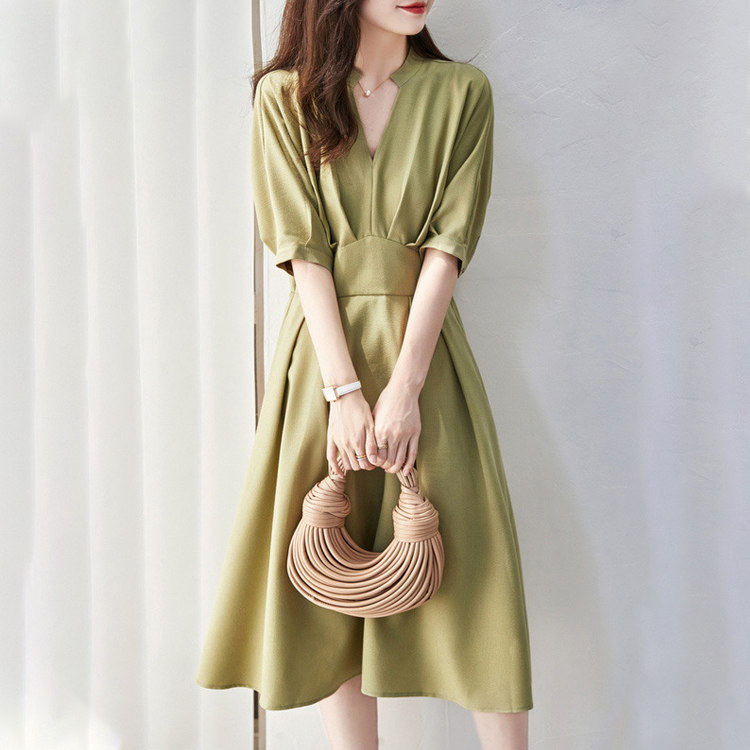 夏季法式竹節紋收腰連衣裙