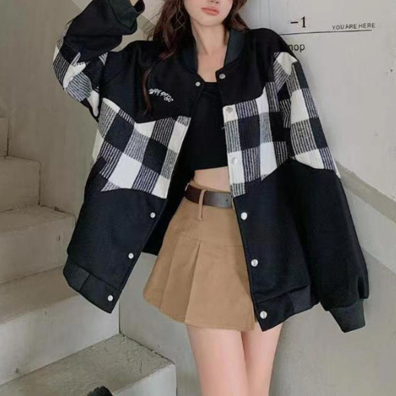 美式復古格子氣質拼接棒球服-Intstyles