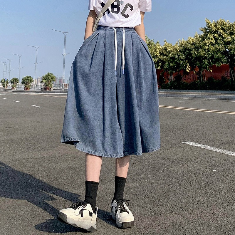春季薄款闊腿胖mm牛仔裙褲