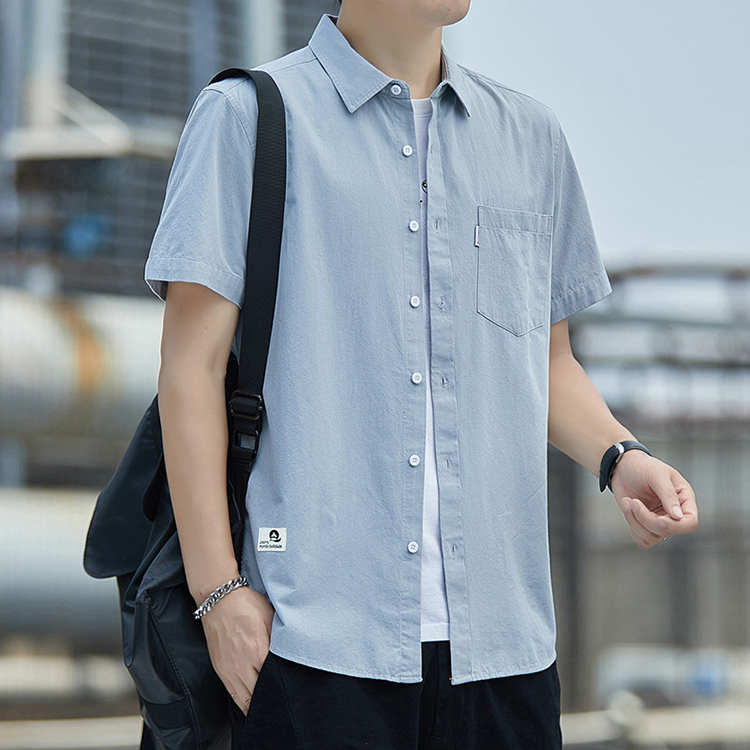 男士帥氣流行純色棉質修身休閒短袖襯衫(7色)