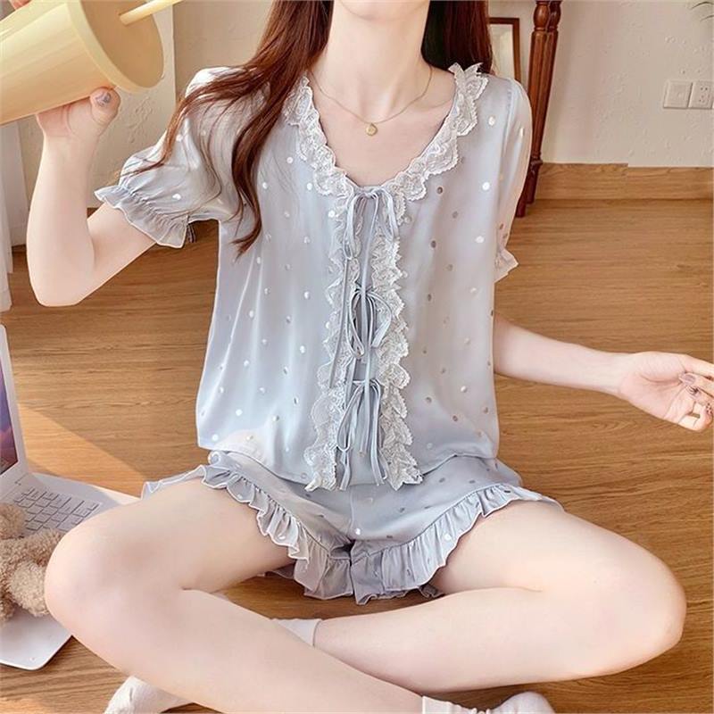 夏季冰絲套裝短袖法式甜美洋氣家居服