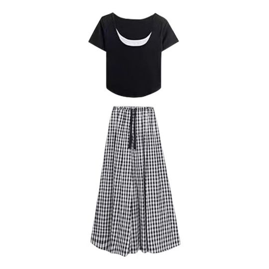 [Single piece/suit] Temperament casual short-sleeved + loose-fitting plaid elastic waist skirt pants two-piece suit