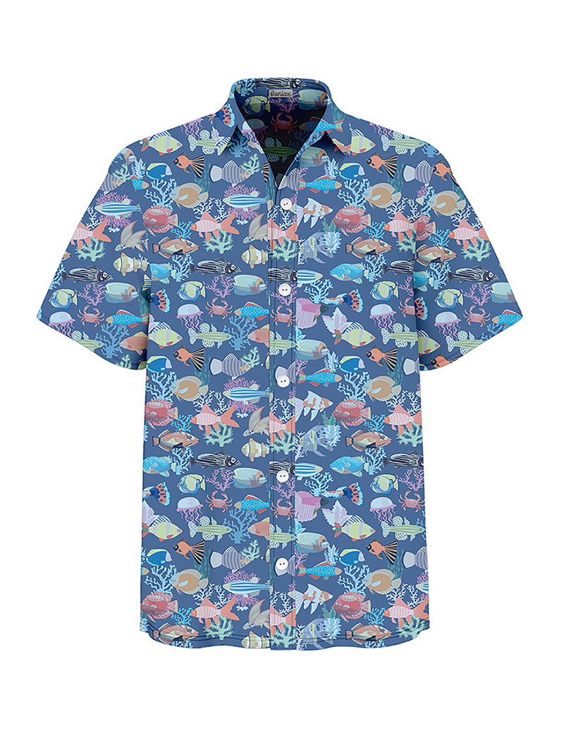 男士海洋生物短袖沙灘襯衫
