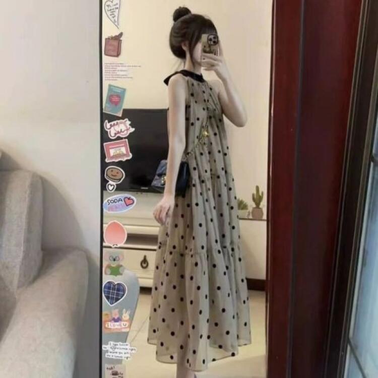法式小香風波點氣質茶歇涼爽掛脖連身裙