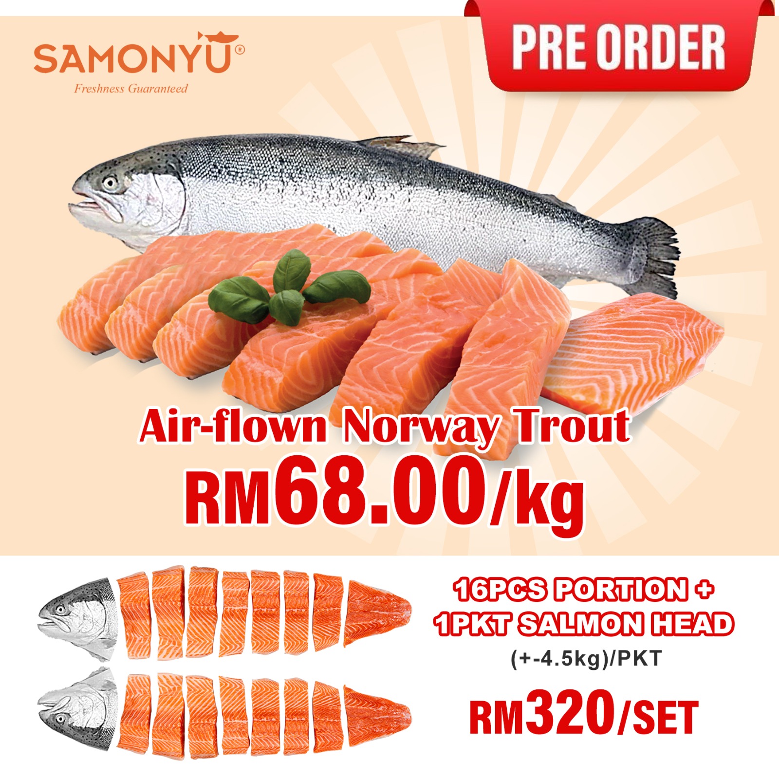 【NORWAY挪威】AIR-FLOWN FRESH TROUT (WHOLE FISH 16PCS) 挪威新鲜鳟鱼 (+/- 4KG) 【PREORDER】
