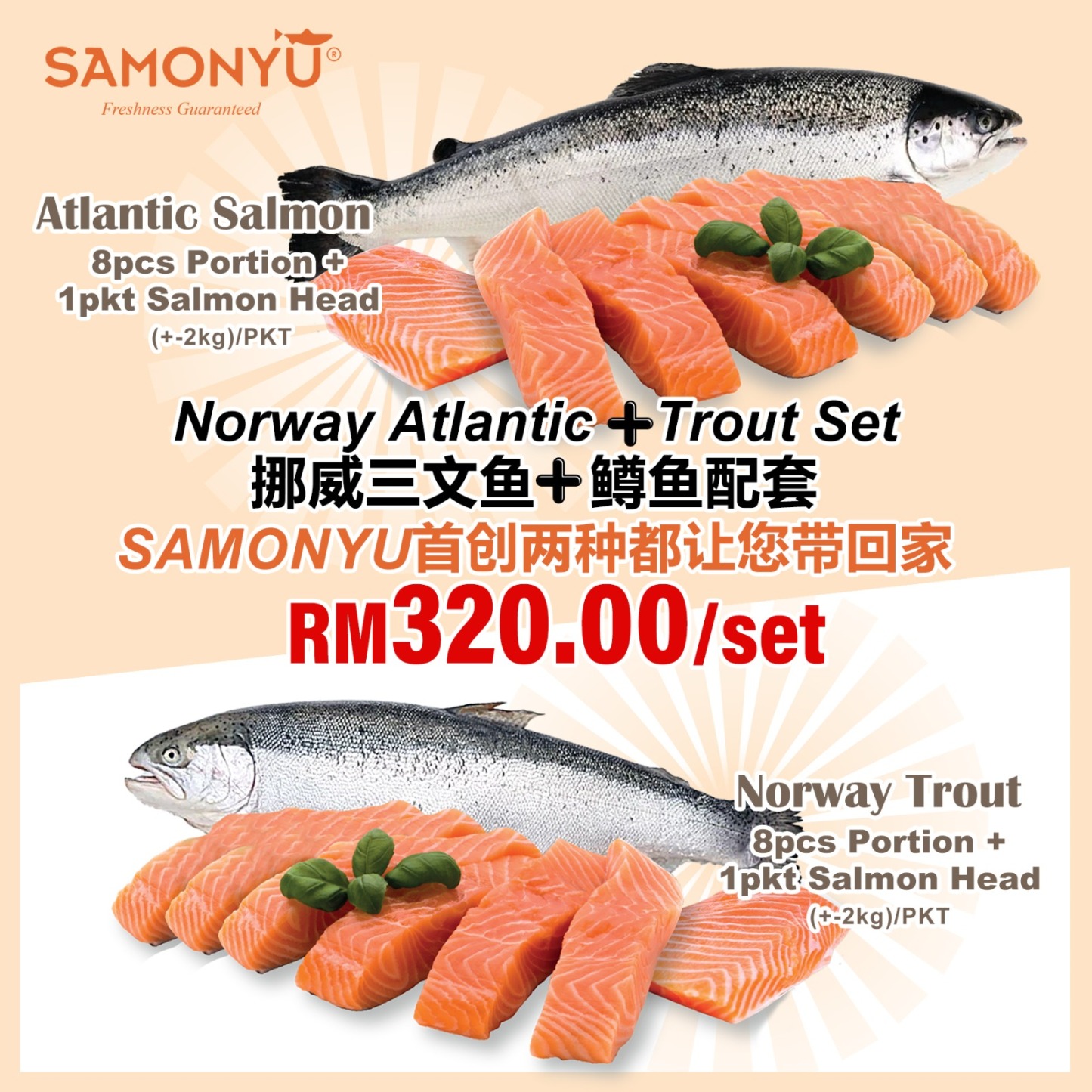 Air Flown Atlantic Salmon & Trout  16 Pcs 空运挪威三文鱼组合装  (+-4-5KG) MIX